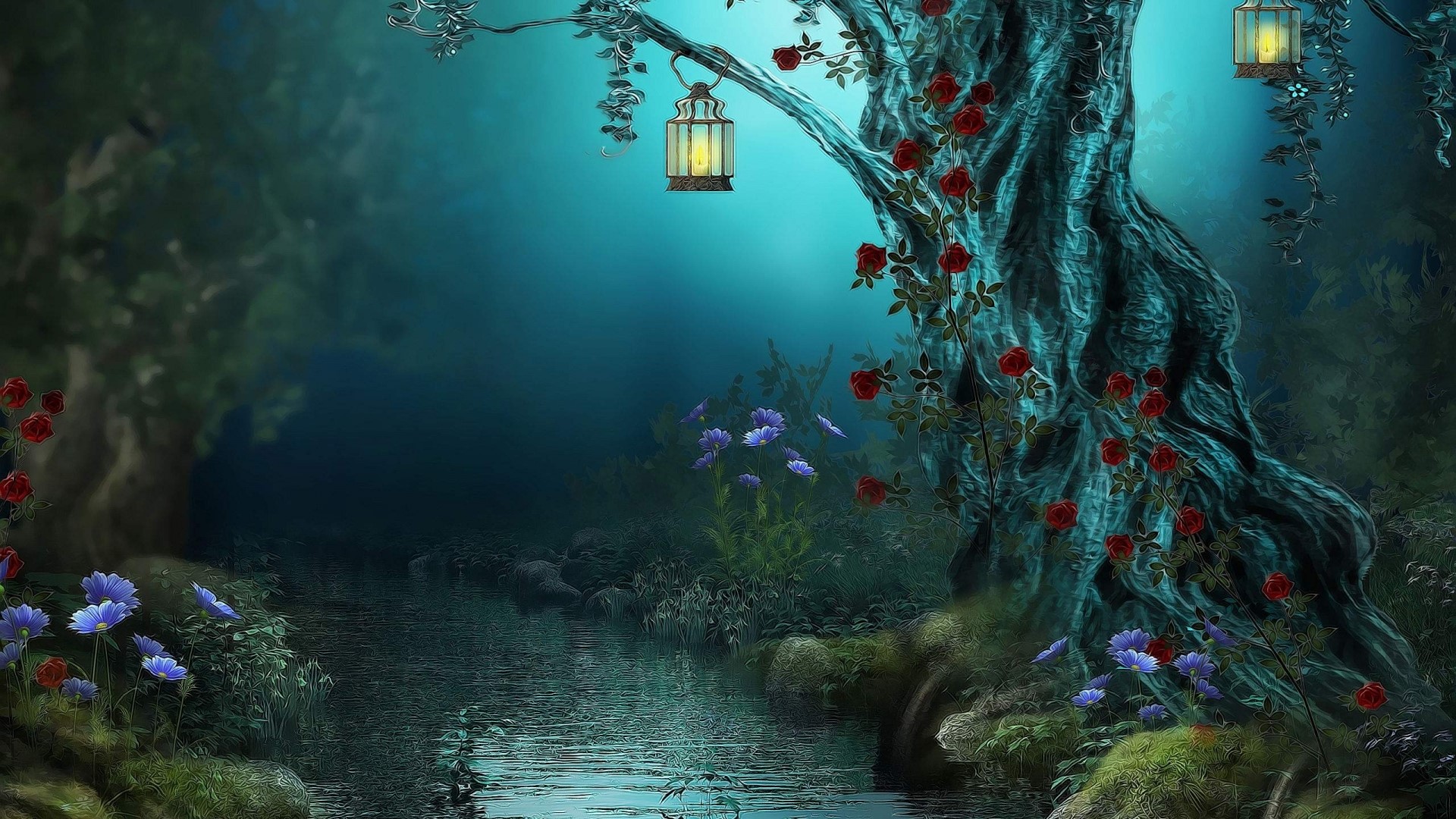 Fantasy forest with lanterns and roses HD Wallpaper