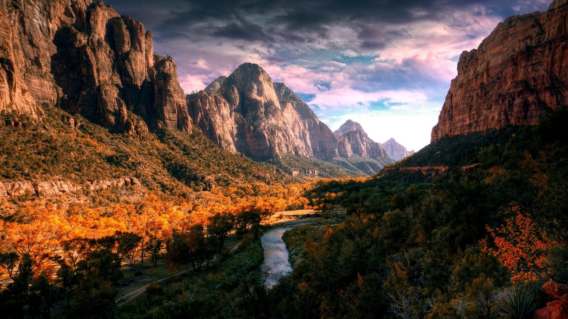 Mountain Valley with River and Autumn Trees HD Wallpaper