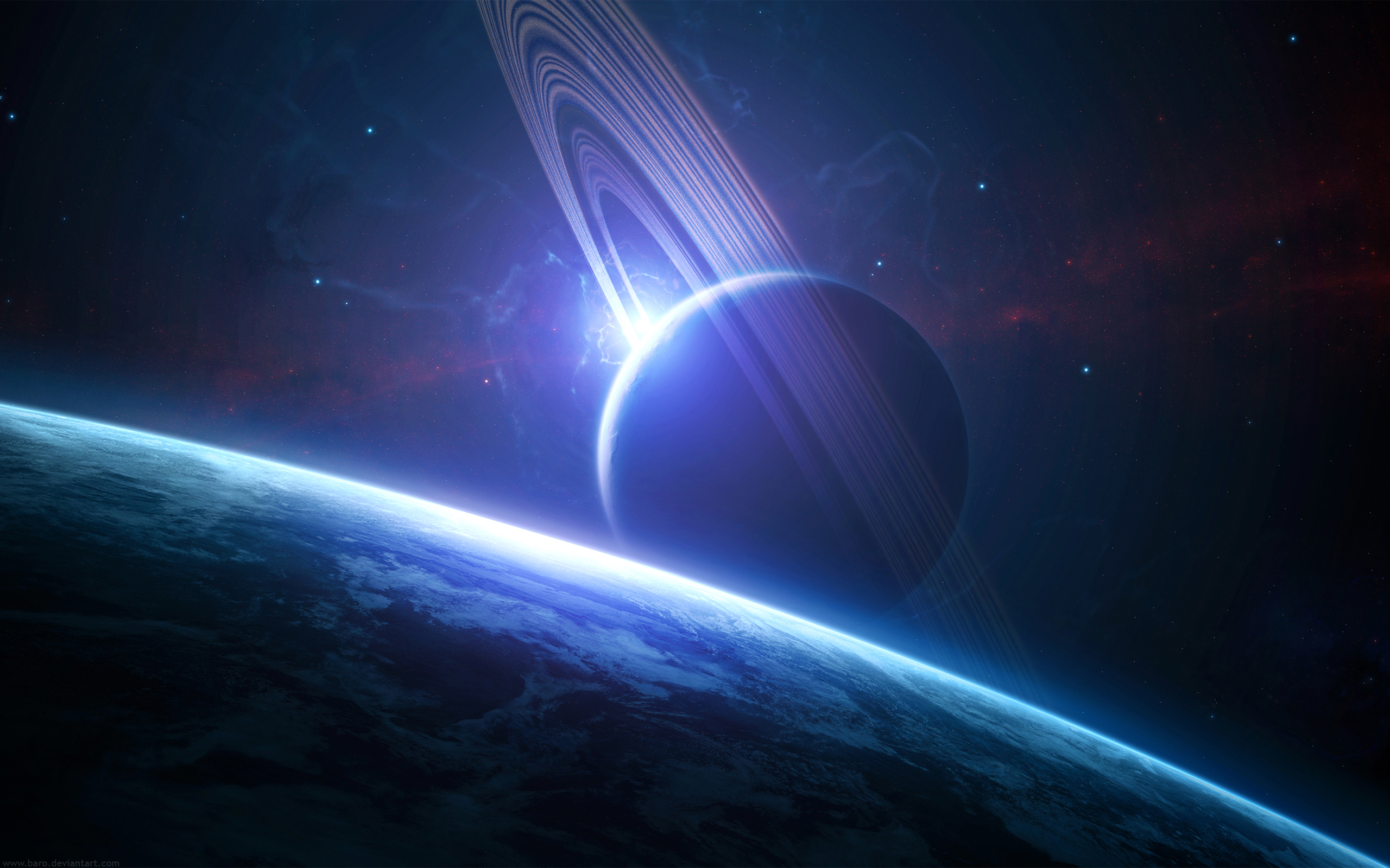 Planet with rings and Earth in space HD Wallpaper