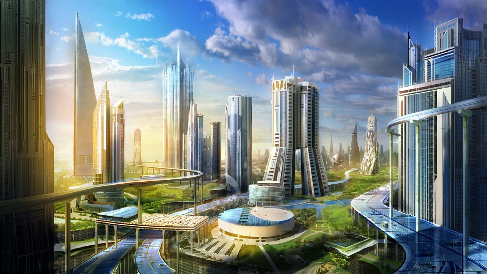 Futuristic Cityscape with Monorail and Skyscrapers HD Wallpaper