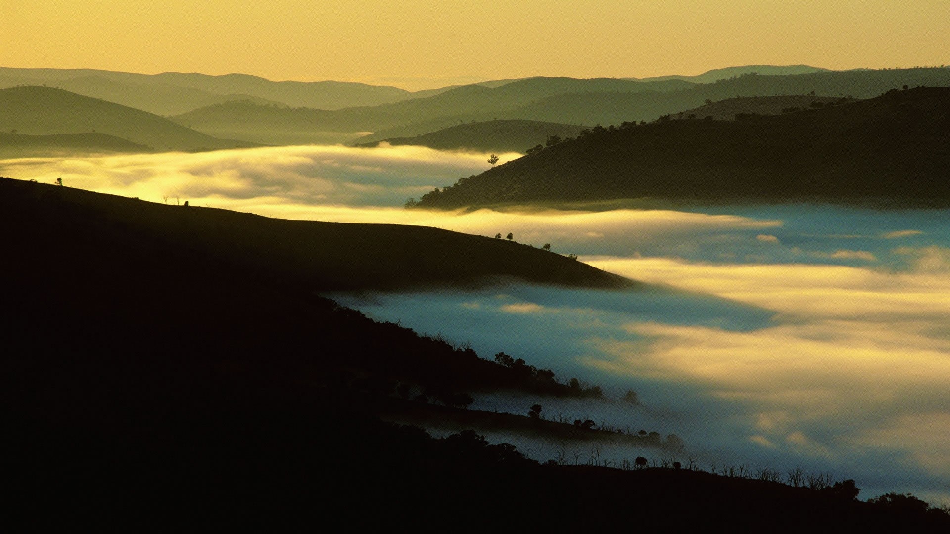 Mist over rolling hills at sunrise HD Wallpaper