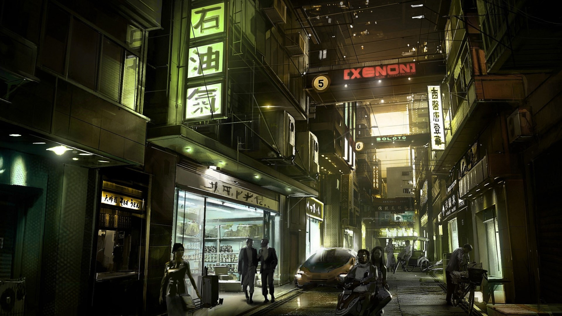 Cyberpunk City Street at Night with Neon Signs HD Wallpaper