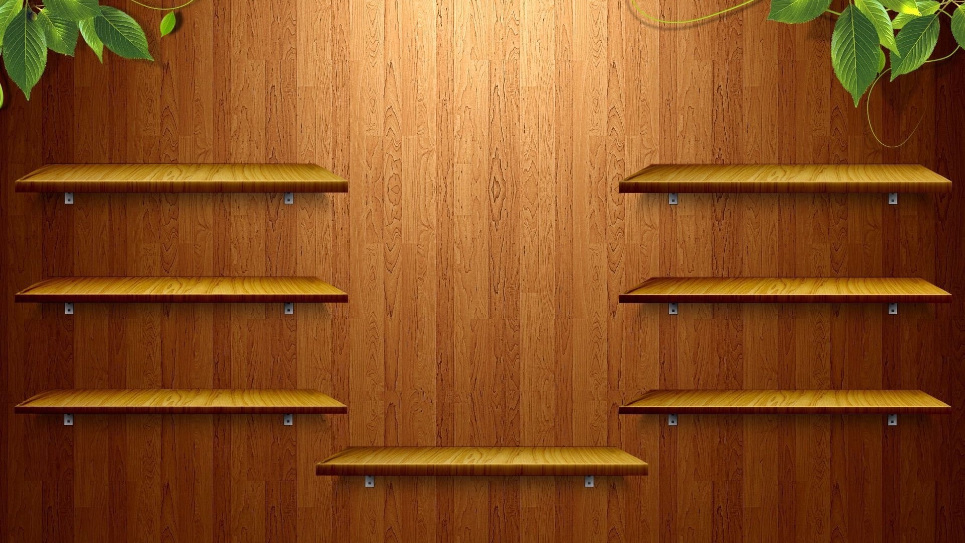 Wooden shelves on a wooden wall with leaves HD Wallpaper
