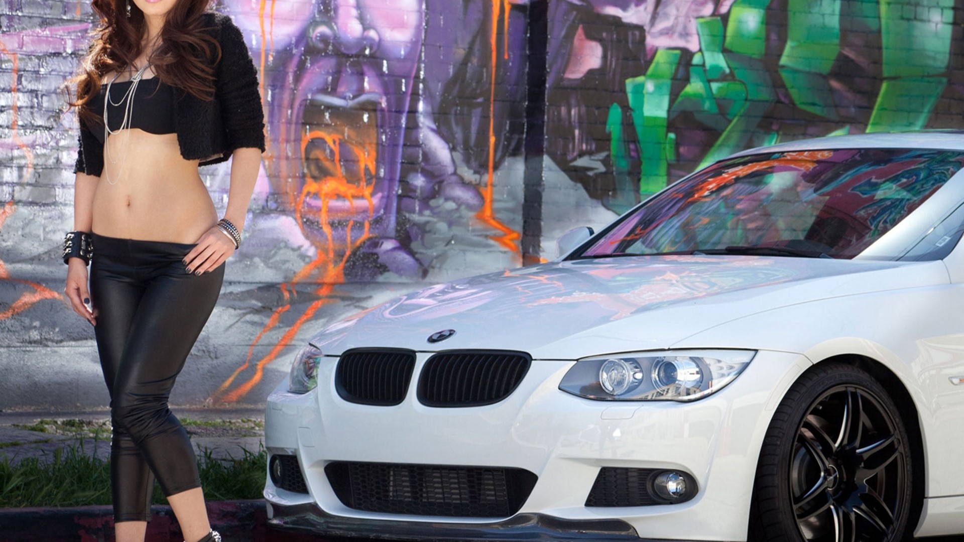 Girl in black outfit and white BMW HD Wallpaper