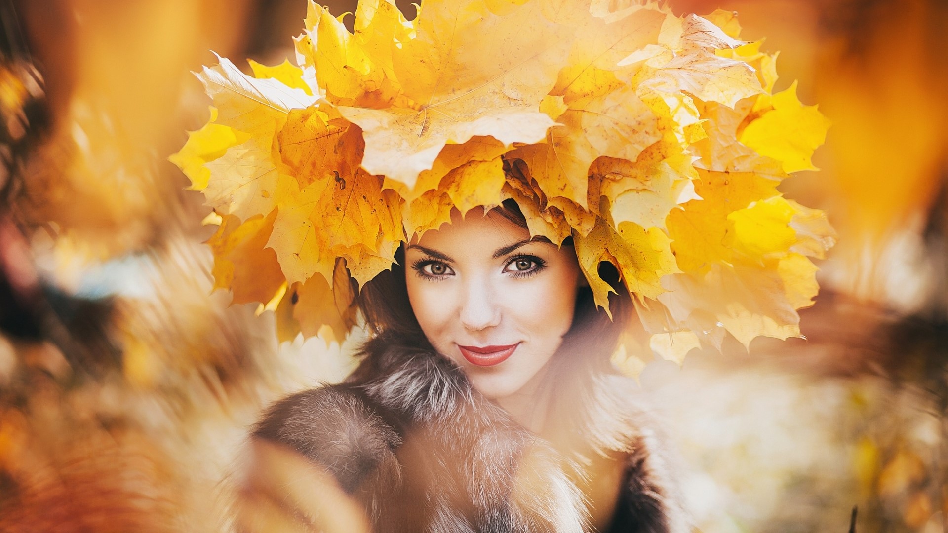 Woman wearing a crown of autumn leaves HD Wallpaper