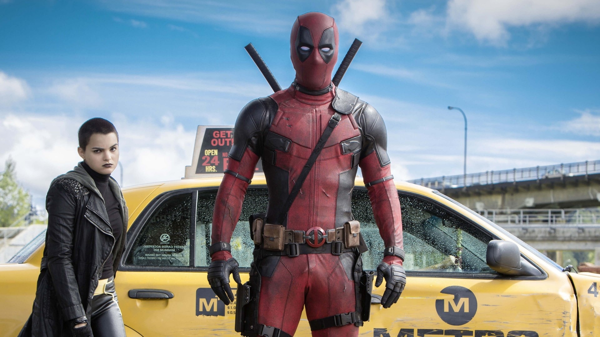 Deadpool and Domino with Metro Taxi HD Wallpaper