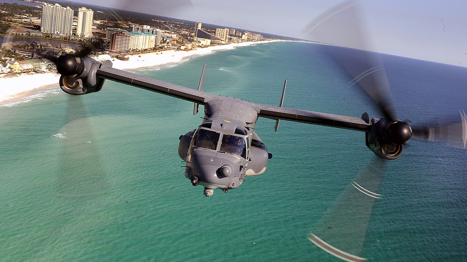 CV-22 Osprey aircraft flying over a beach HD Wallpaper