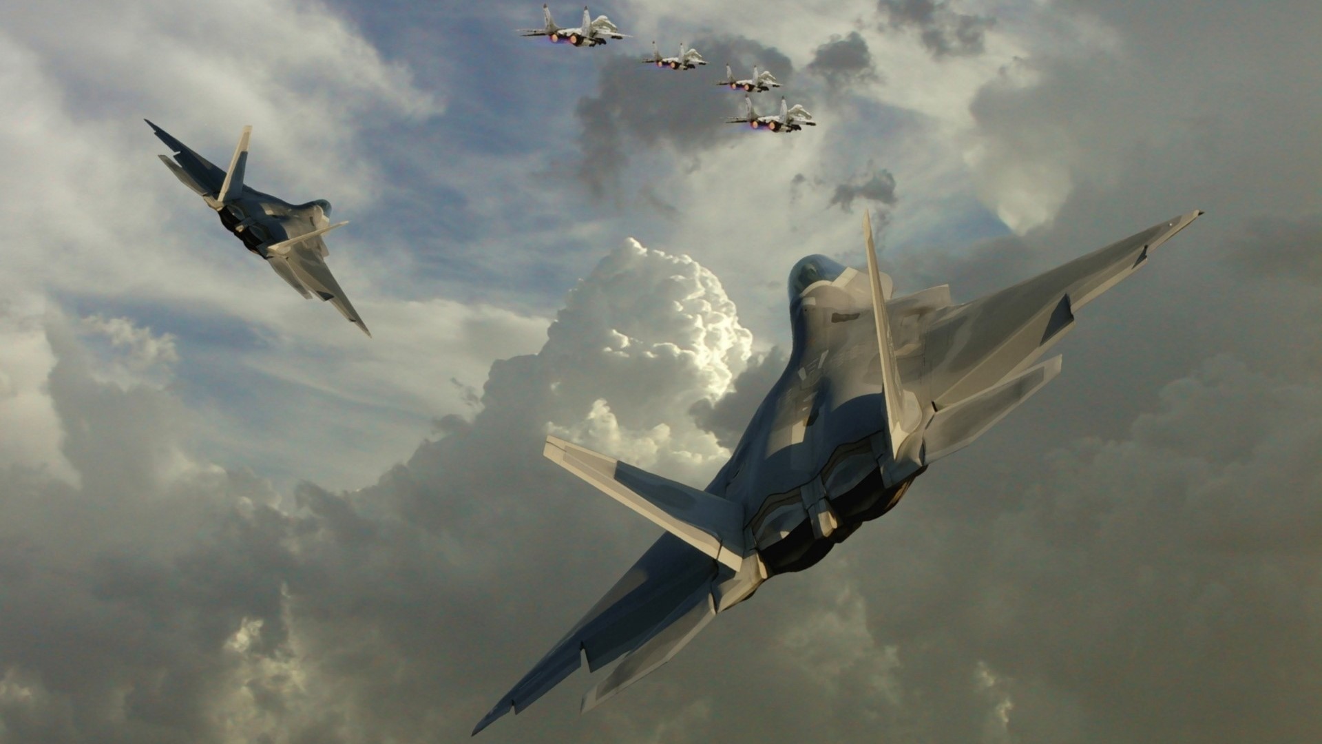 F-22 Raptor Squadron in Cloudy Sky HD Wallpaper