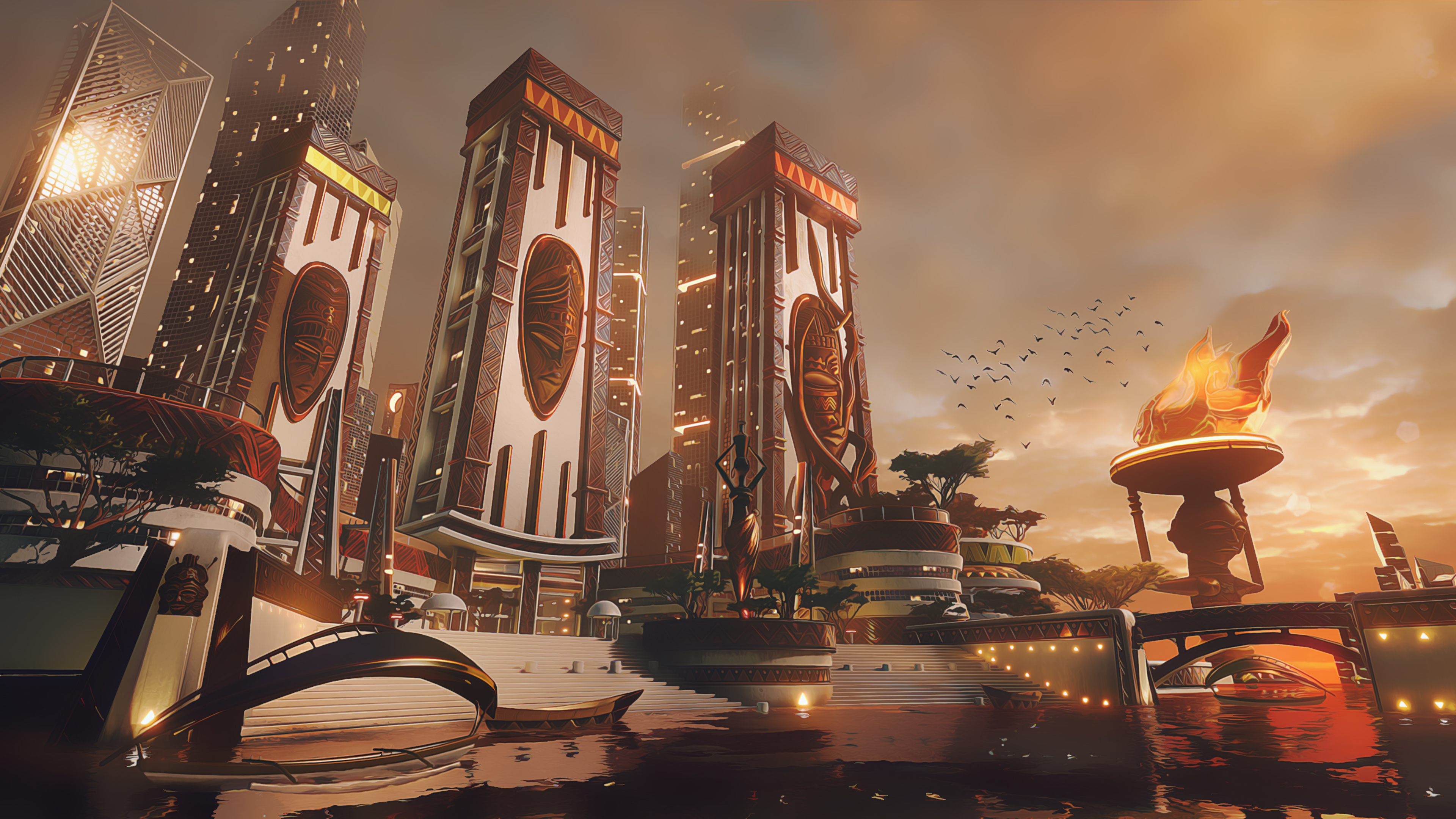 Futuristic African Cityscape at Sunset HD Wallpaper