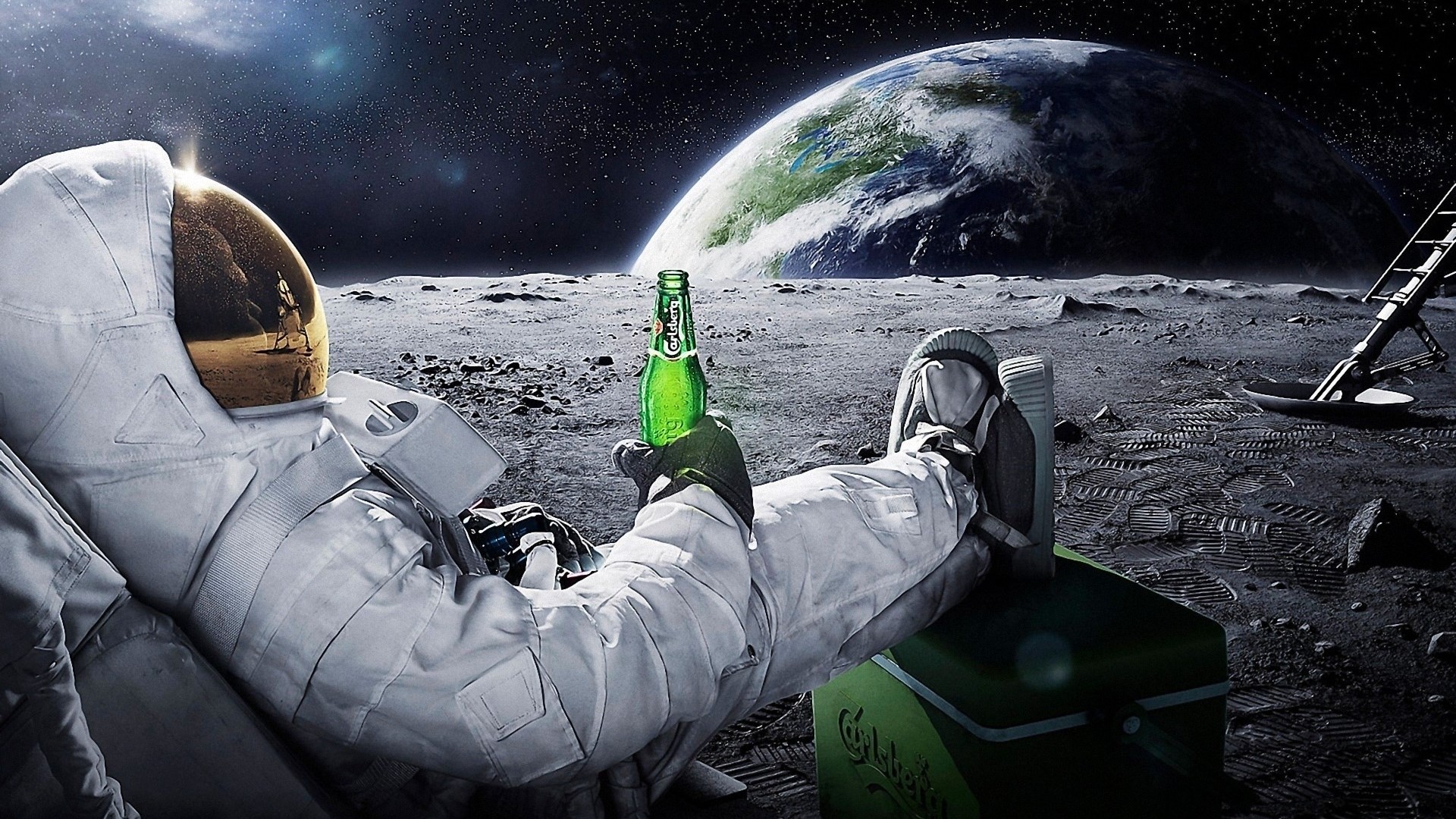 Astronaut relaxing with Carlsberg beer on the Moon HD Wallpaper