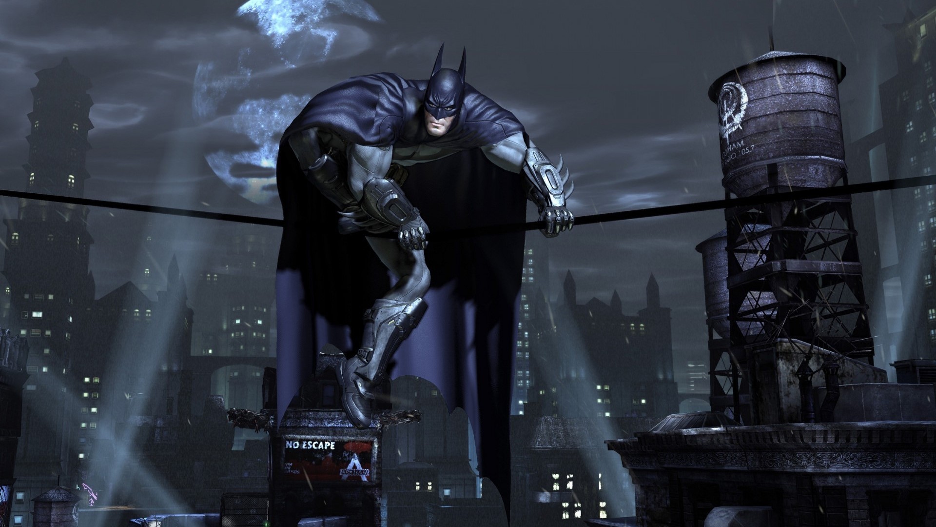 Batman on a wire in Gotham City HD Wallpaper