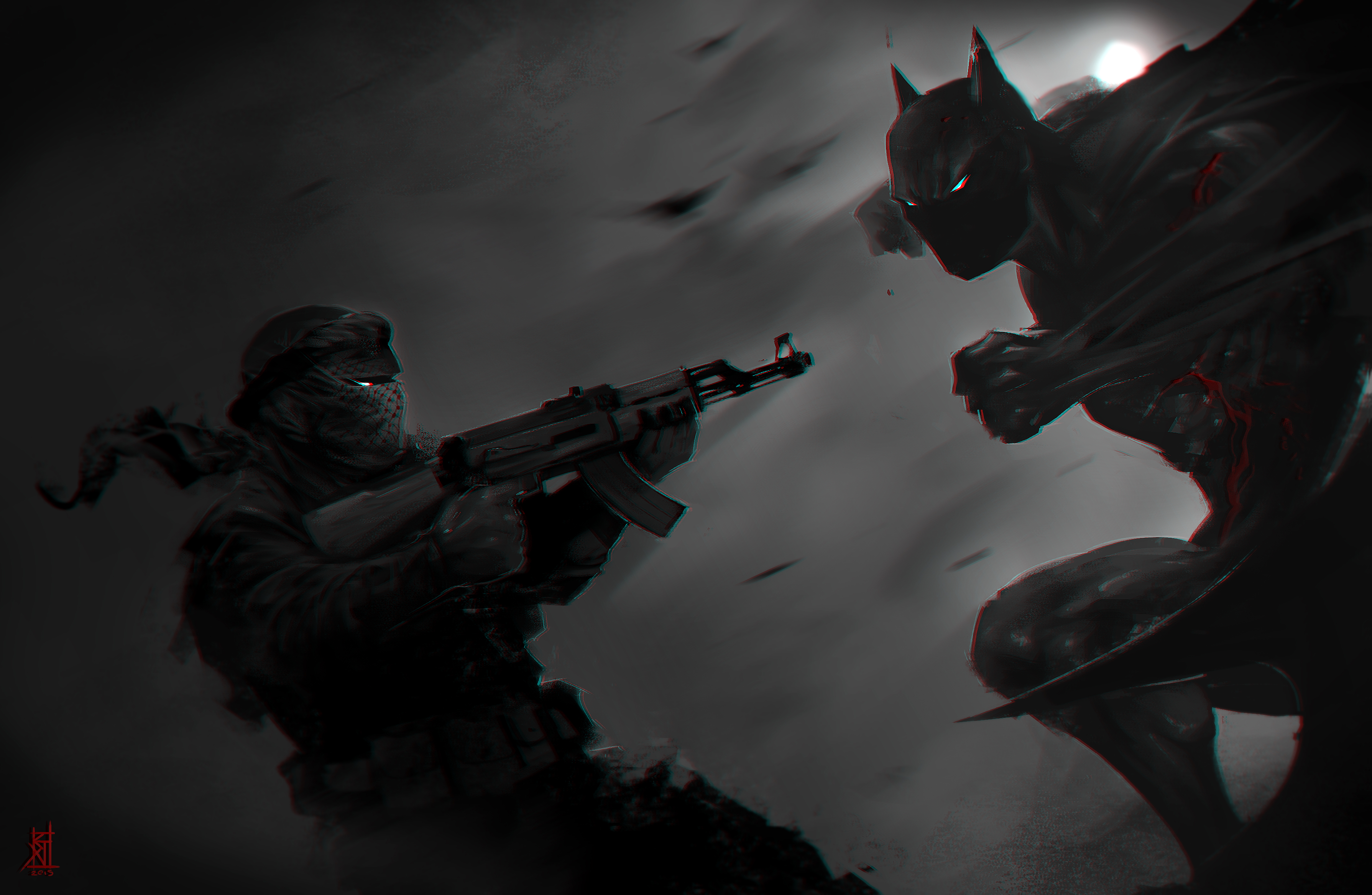 Batman fighting a terrorist with an AK-47 HD Wallpaper