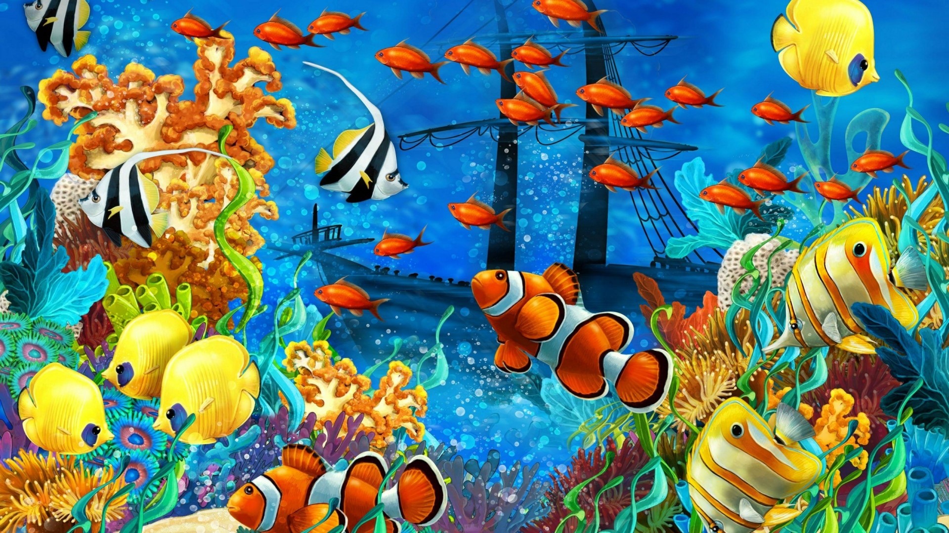 Coral Reef with Fish and Shipwreck HD Wallpaper