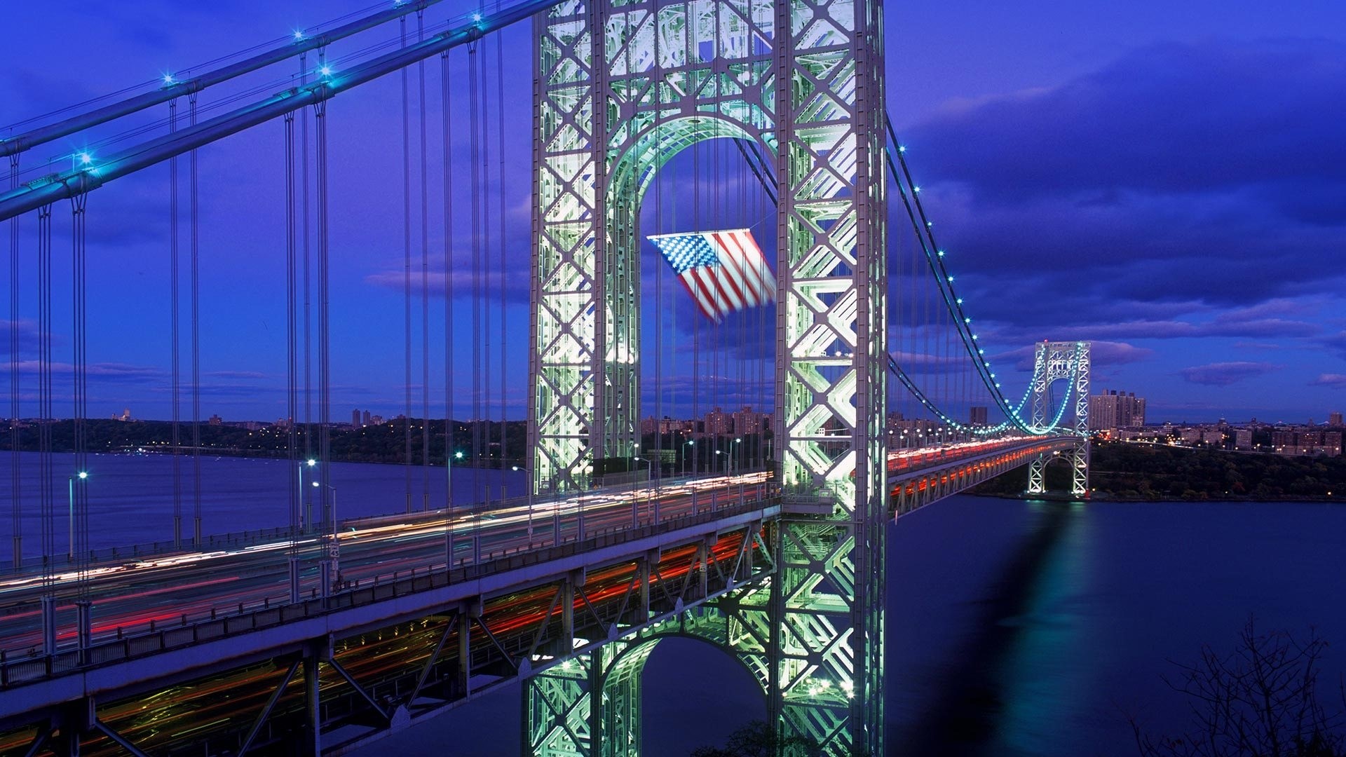 George Washington Bridge with American Flag at Dusk HD Wallpaper