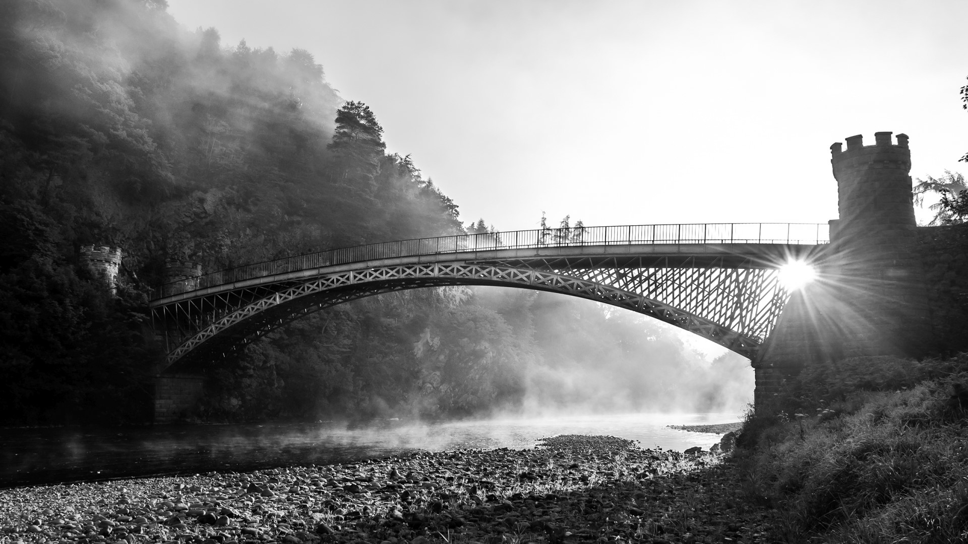 Black and White Bridge Over River with Fog HD Wallpaper