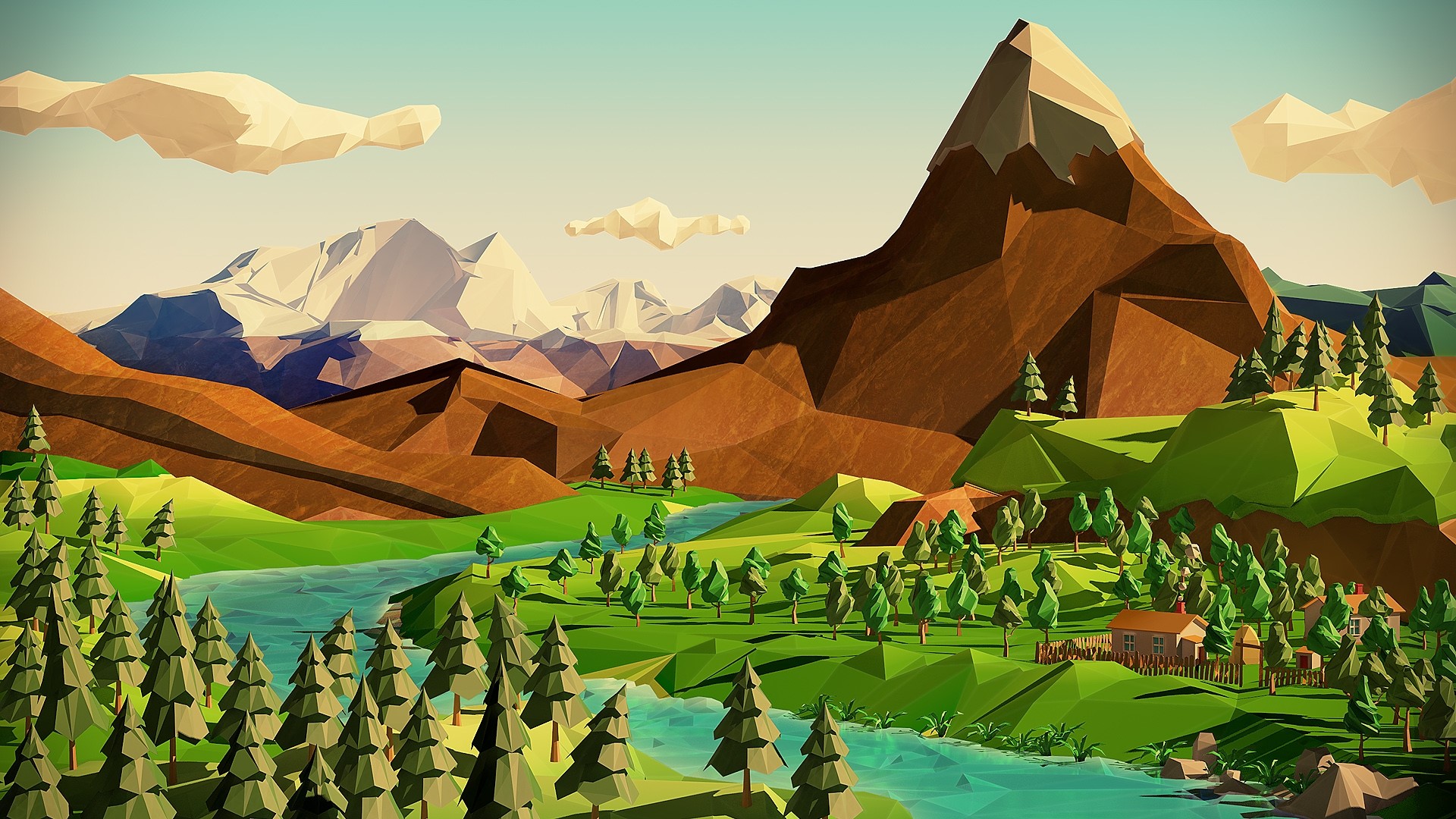 Low poly landscape with mountains, river, and trees HD Wallpaper