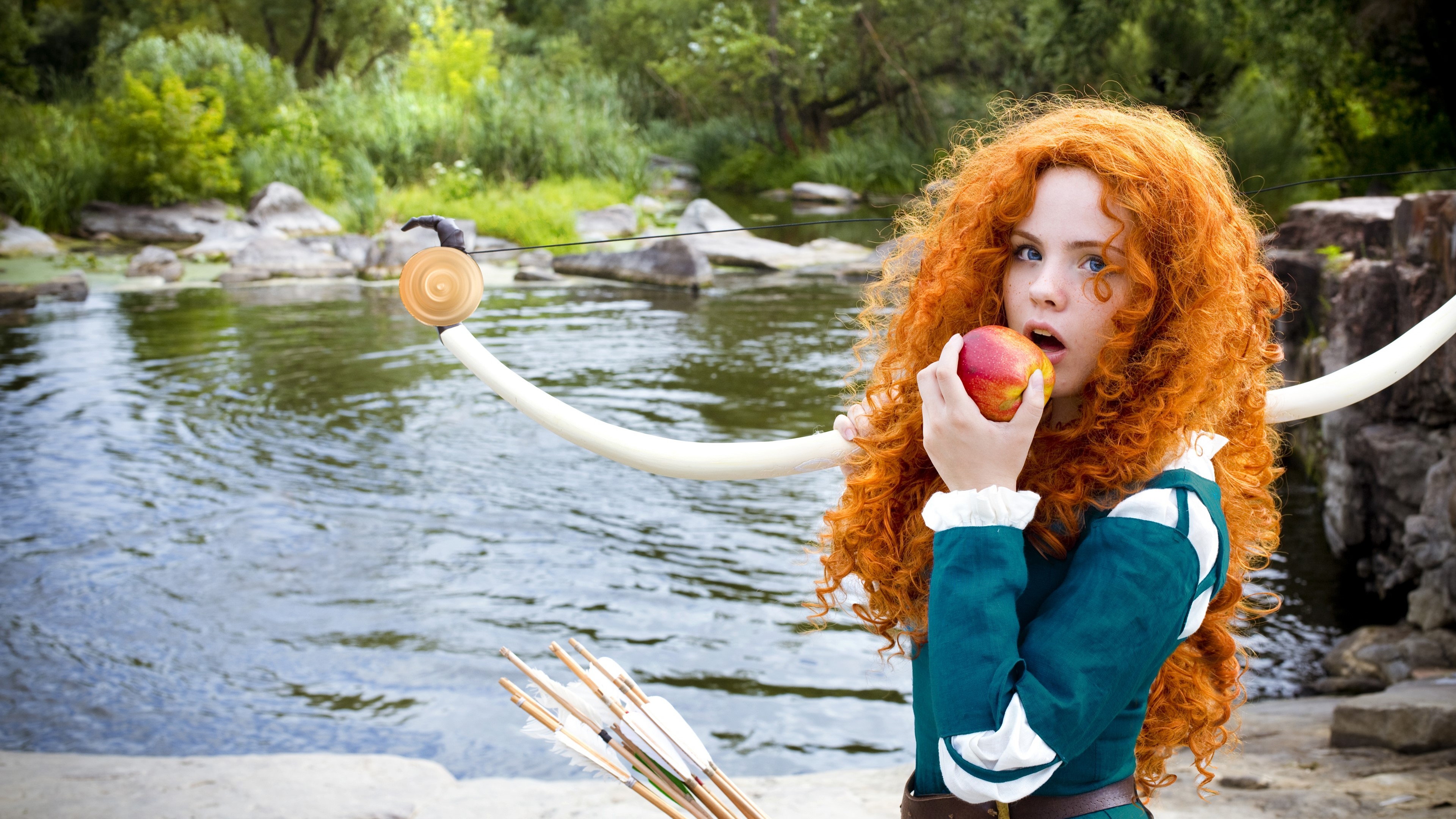 4K Merida Cosplay with Bow and Apple HD Wallpaper