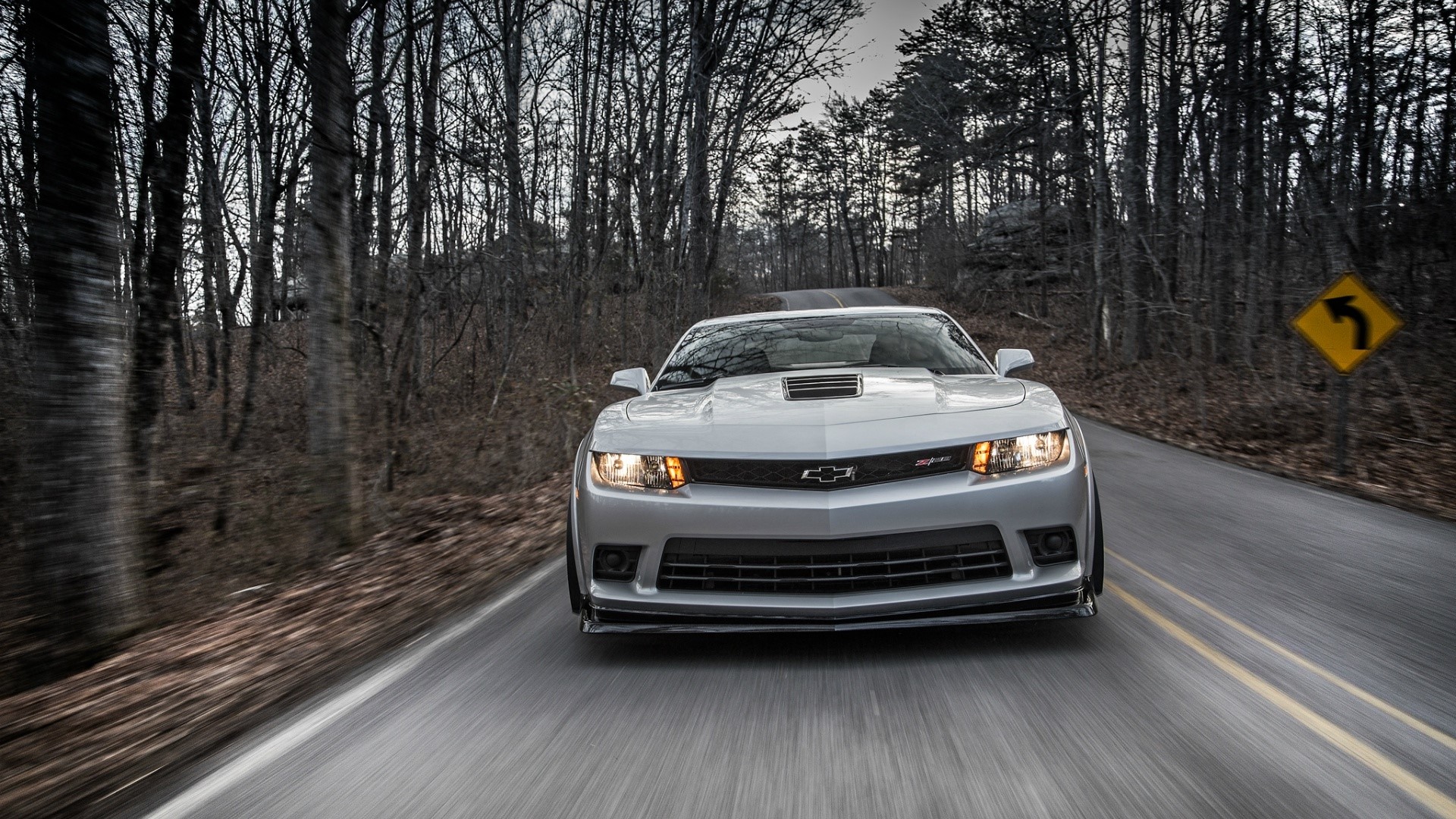 White Chevrolet Camaro ZL1 driving on a forest road HD Wallpaper
