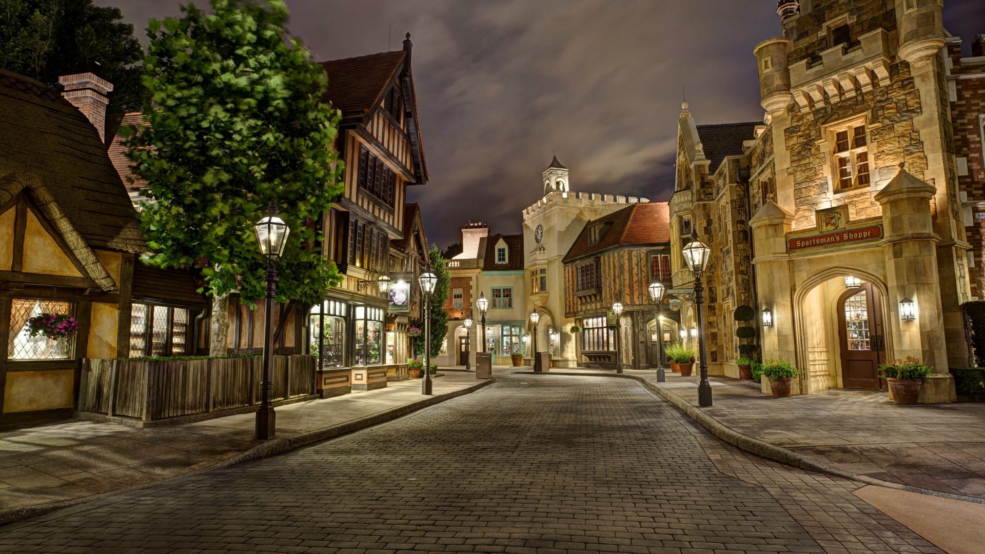 Nighttime street in a European-style village HD Wallpaper