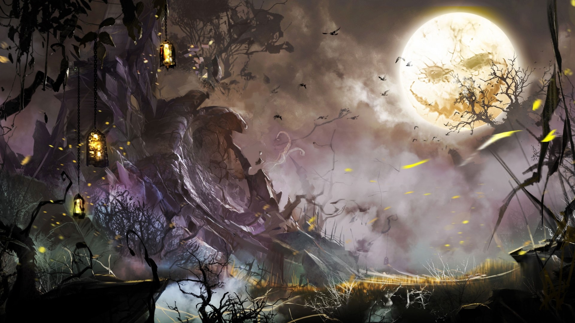 Halloween moon over a spooky forest with lanterns HD Wallpaper