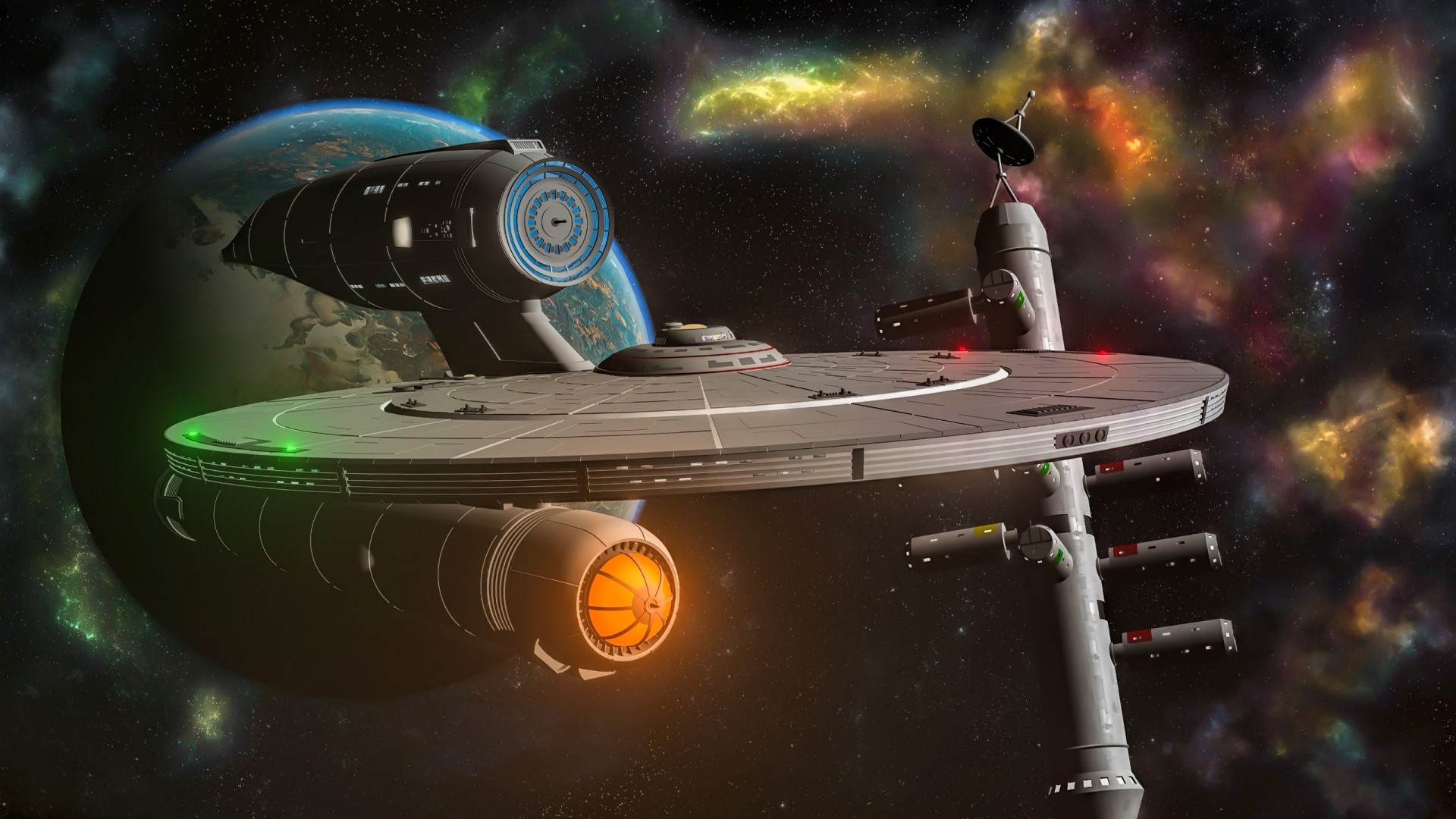 Spaceship docked at space station near planet HD Wallpaper