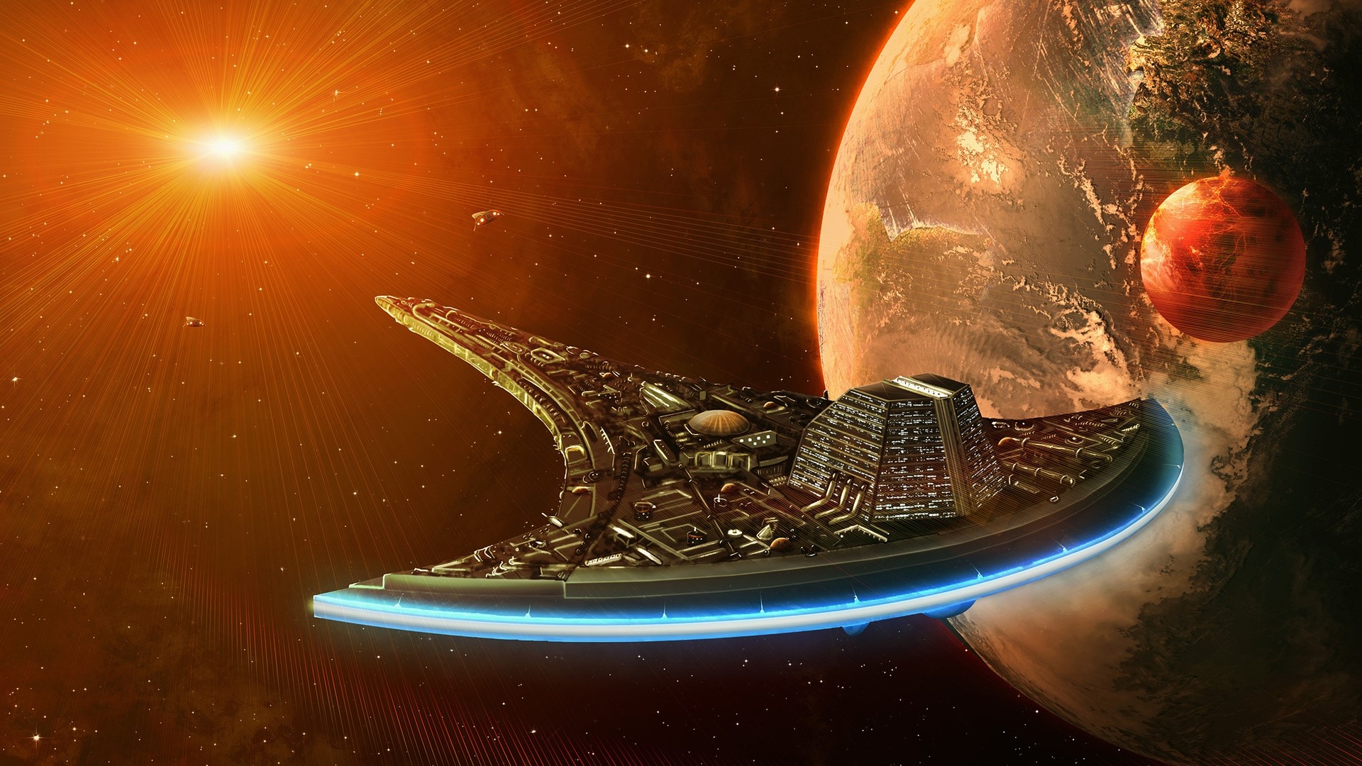 Spaceship near planets and sun HD Wallpaper