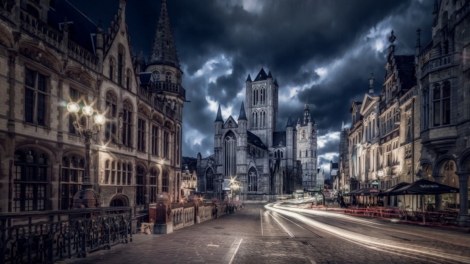 Ghent cityscape at night with Saint Nicholas' Church HD Wallpaper