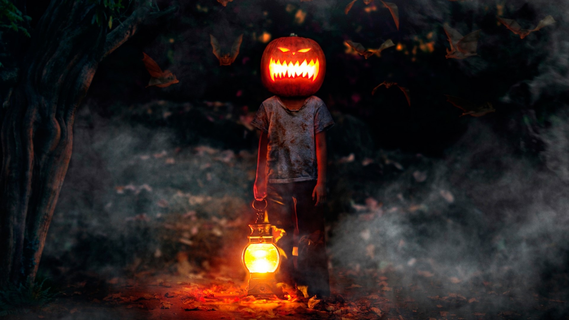 Child with Jack-o'-lantern head holding a lantern HD Wallpaper