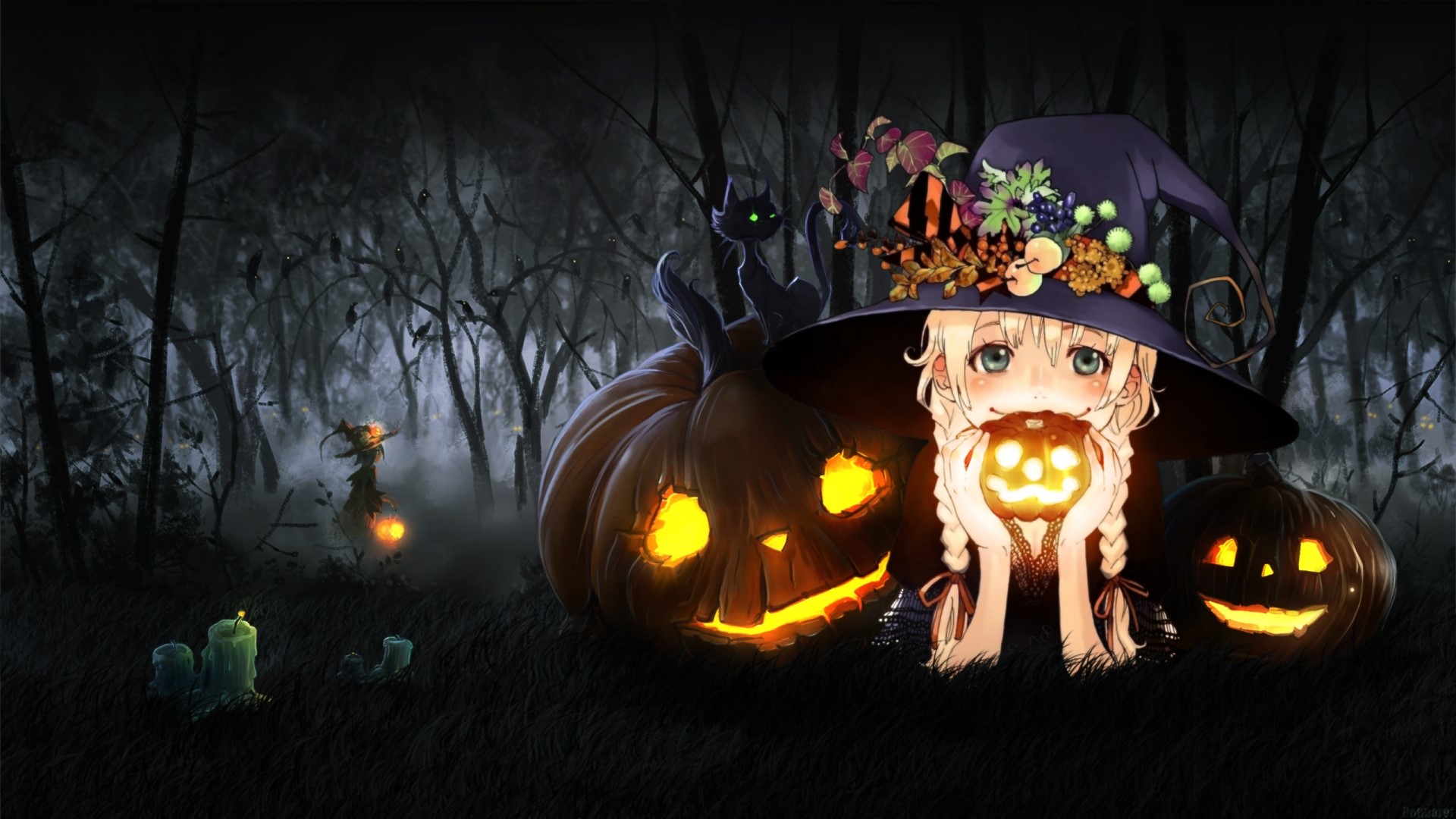 Anime witch girl with pumpkins and black cat in forest HD Wallpaper