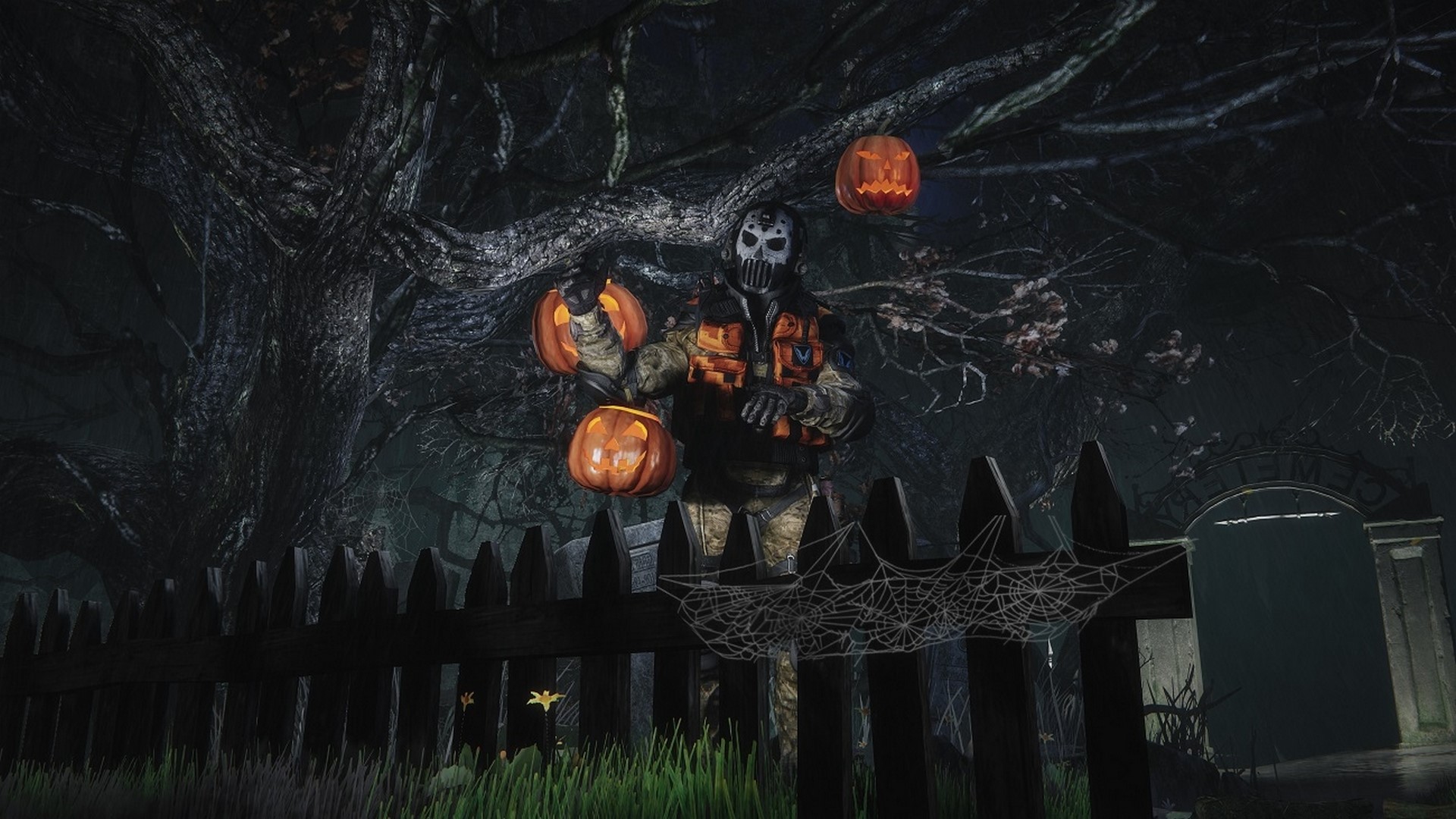 Halloween character with pumpkins in a graveyard HD Wallpaper