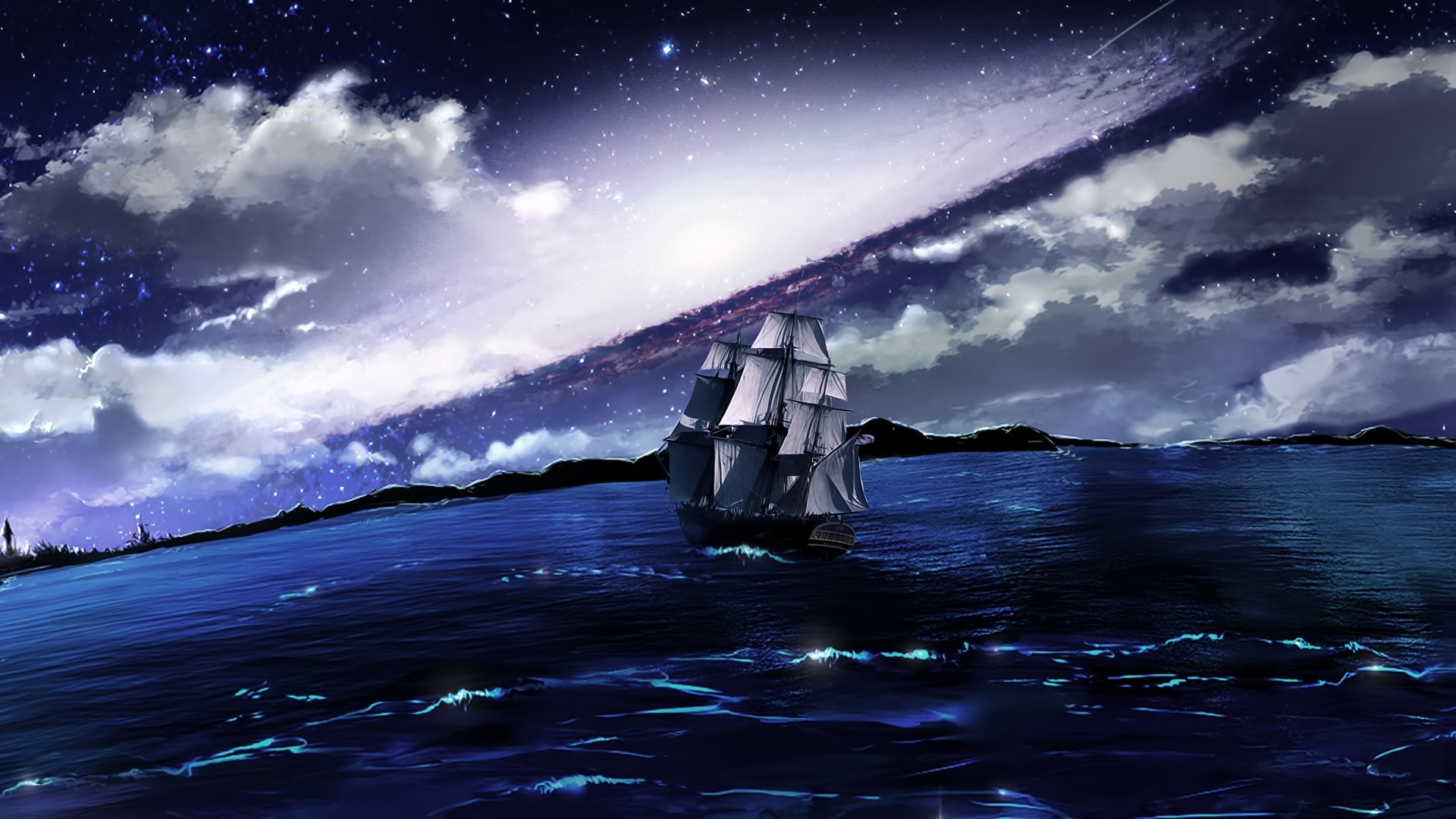 Sailboat sailing under a starry sky with a galaxy HD Wallpaper