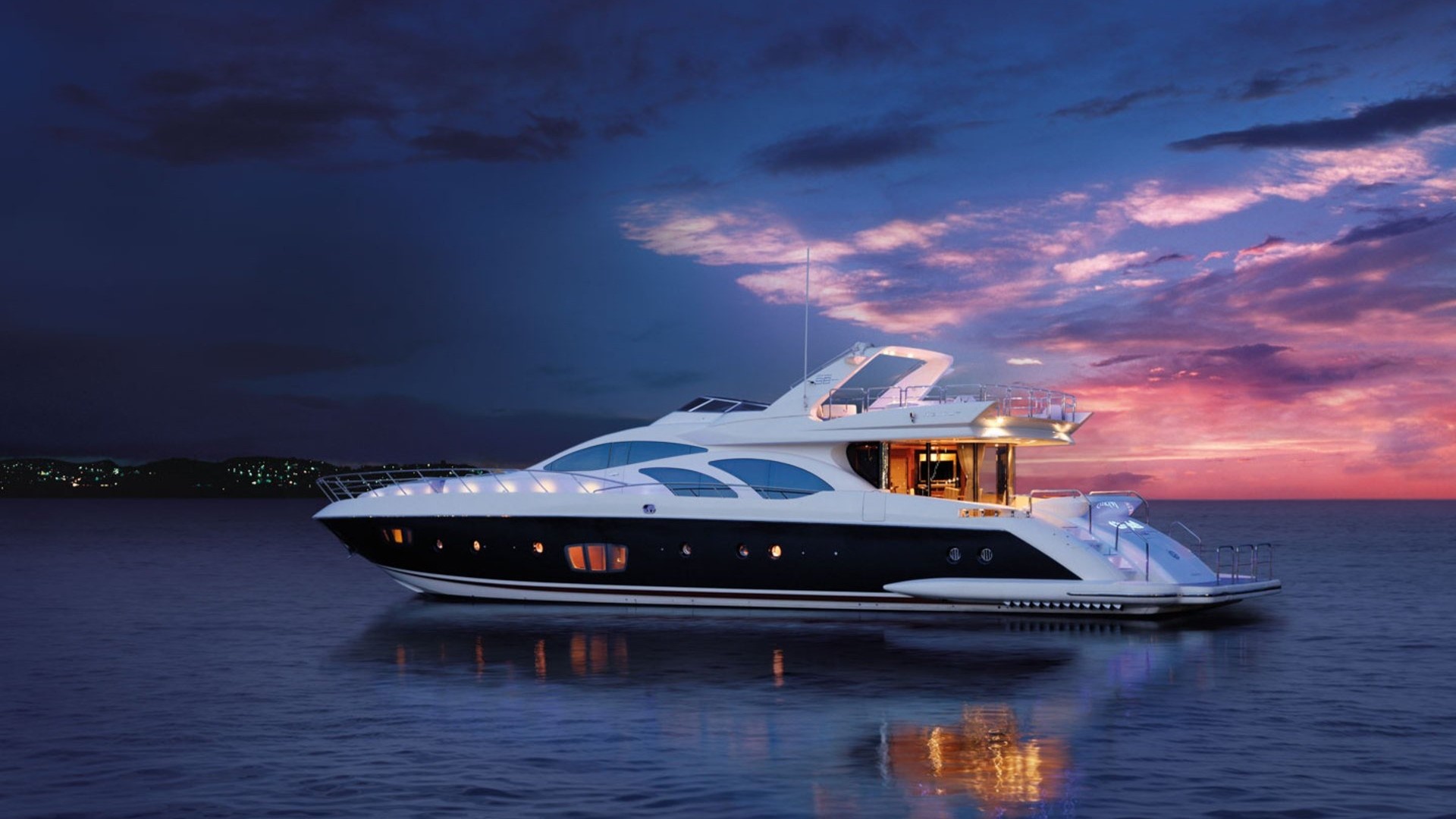 Luxury yacht on the water at dusk HD Wallpaper
