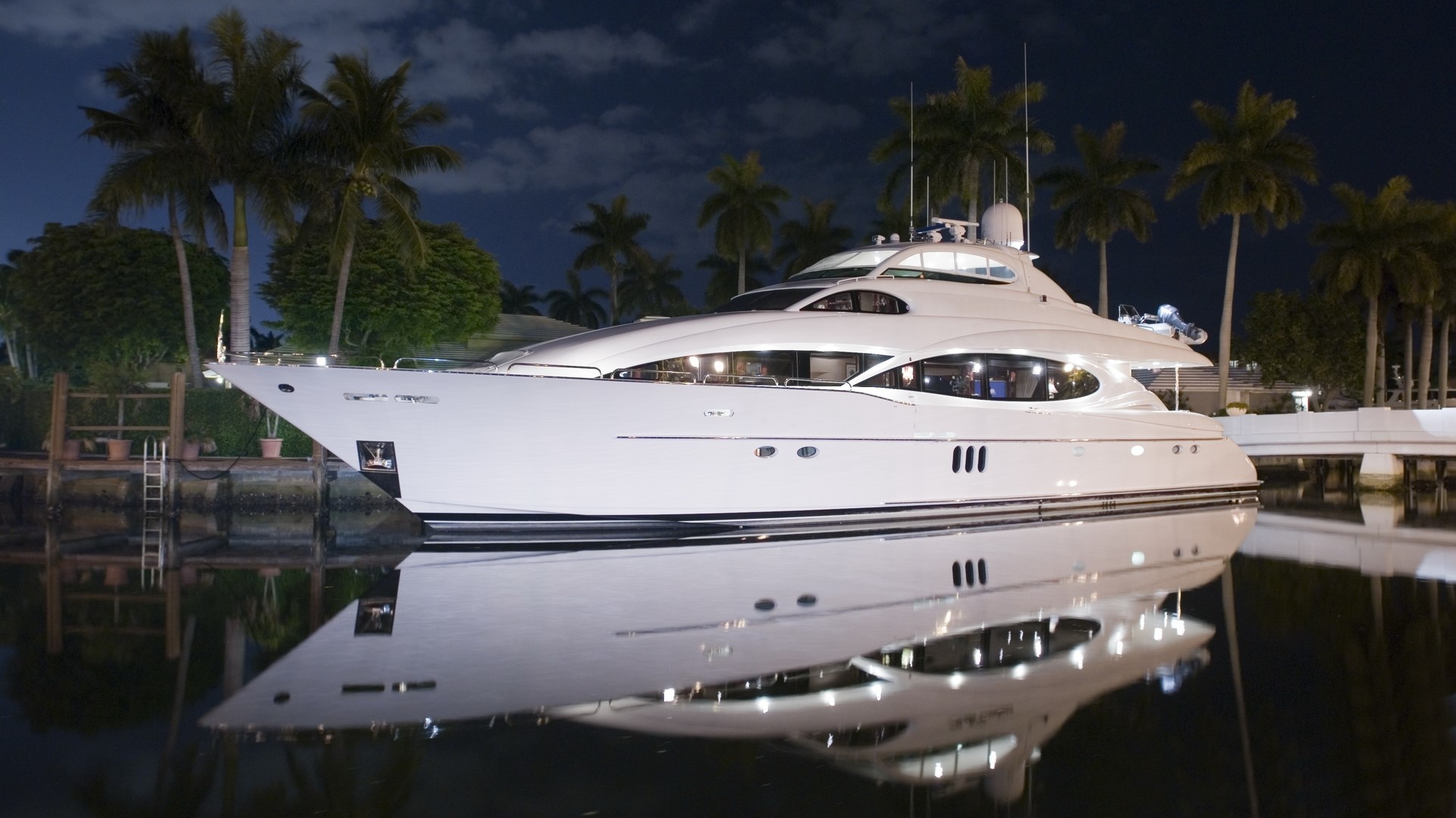 White yacht docked at night with palm trees HD Wallpaper