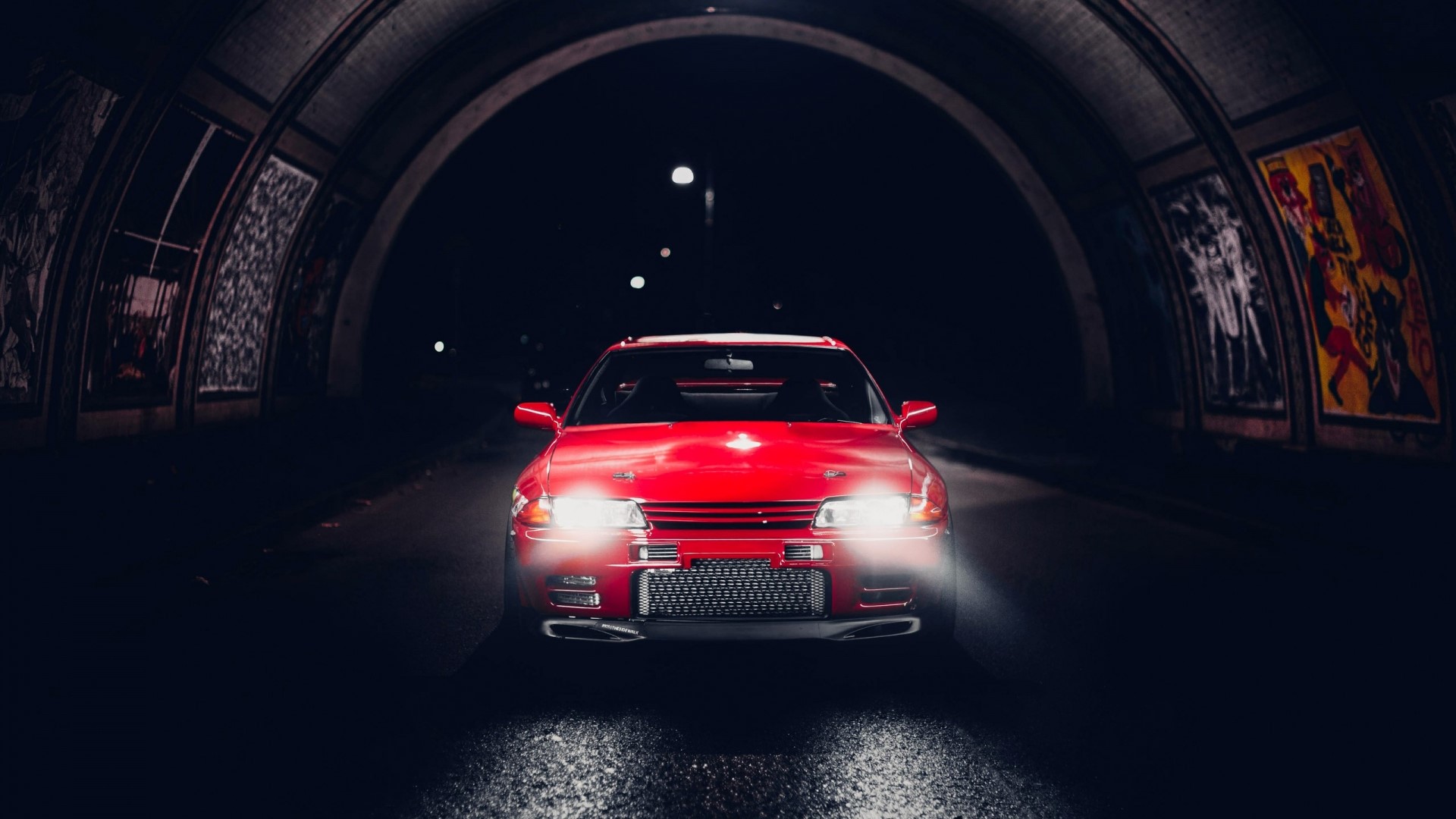 Red Nissan car in a tunnel HD Wallpaper