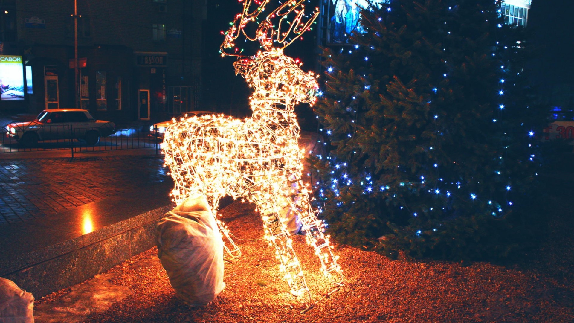 Christmas reindeer and tree lights in Donetsk HD Wallpaper
