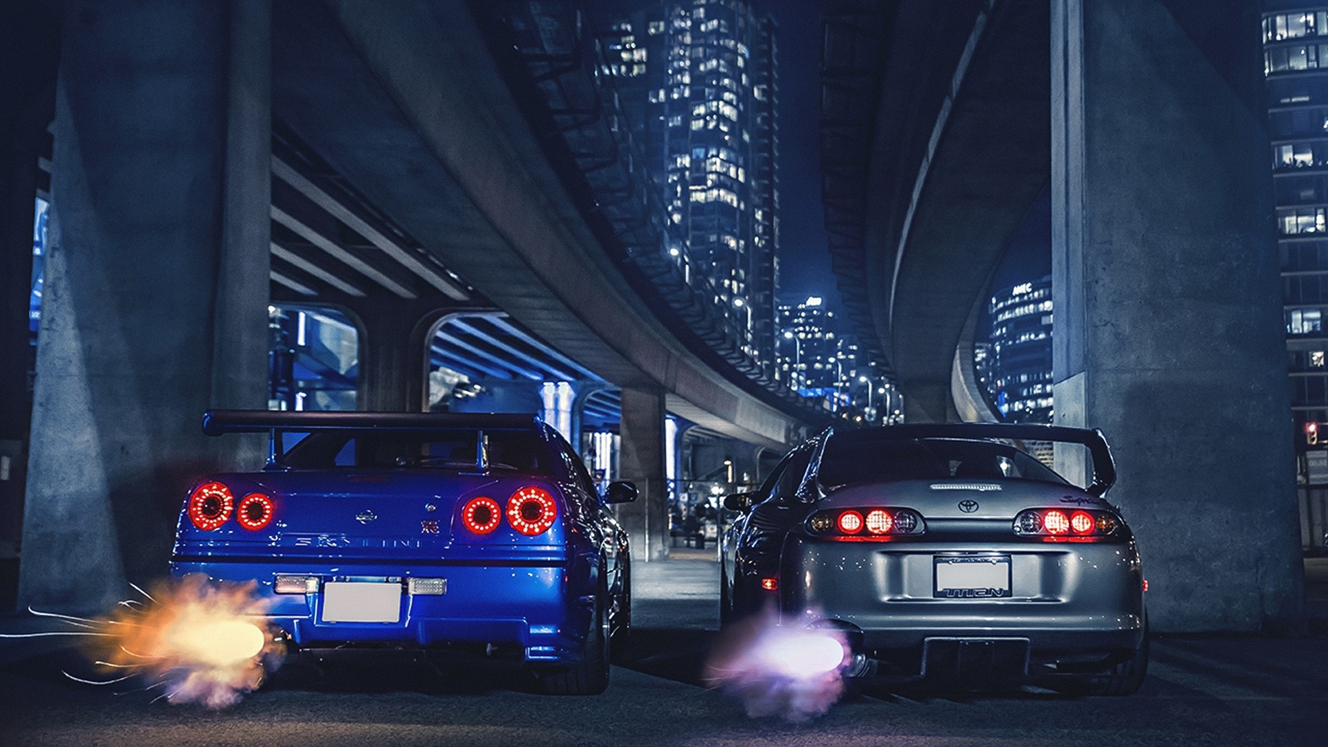 Nissan Skyline GT-R and Toyota Supra at Night HD Wallpaper