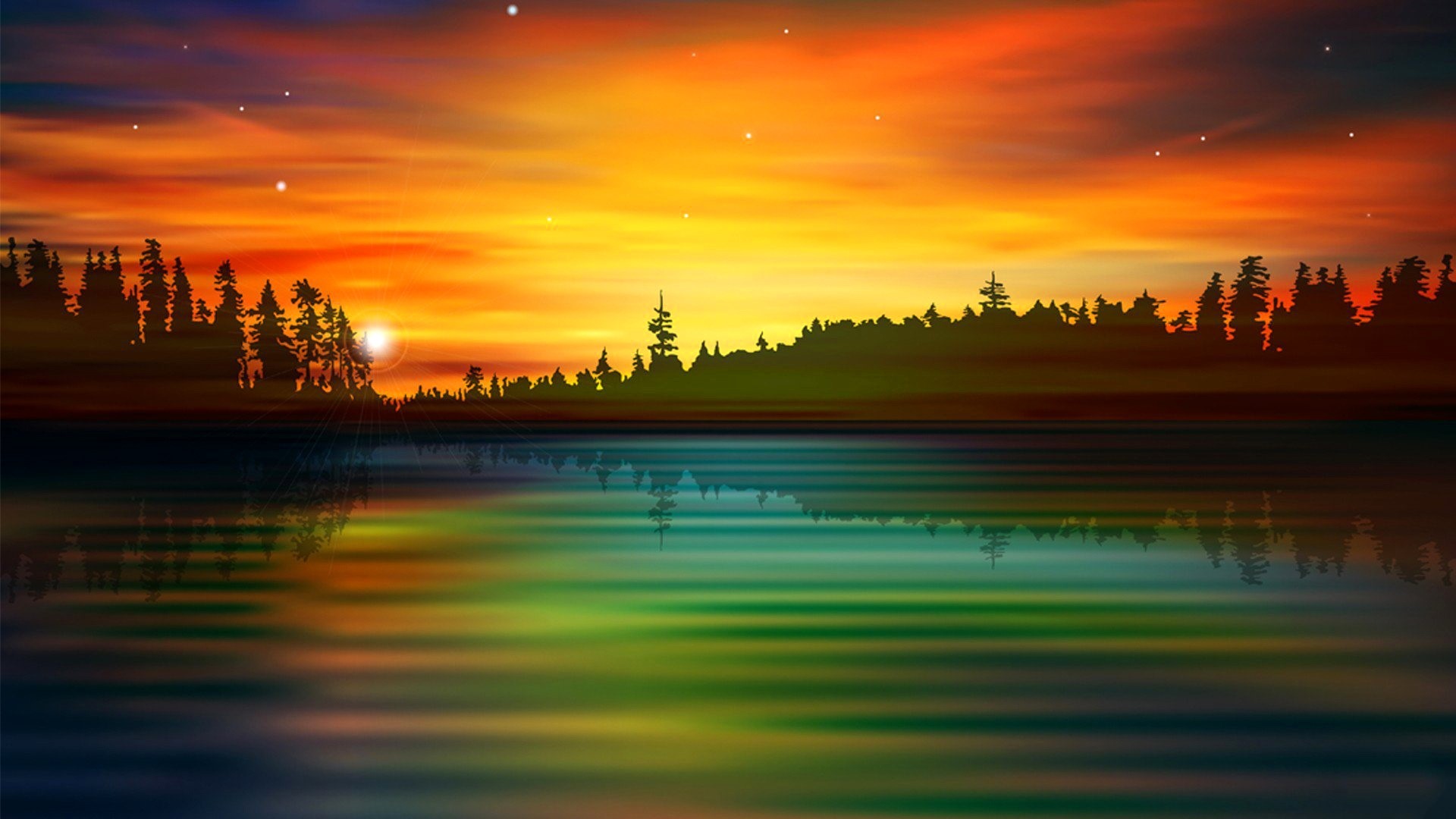 Sunset over a forest lake HD Wallpaper