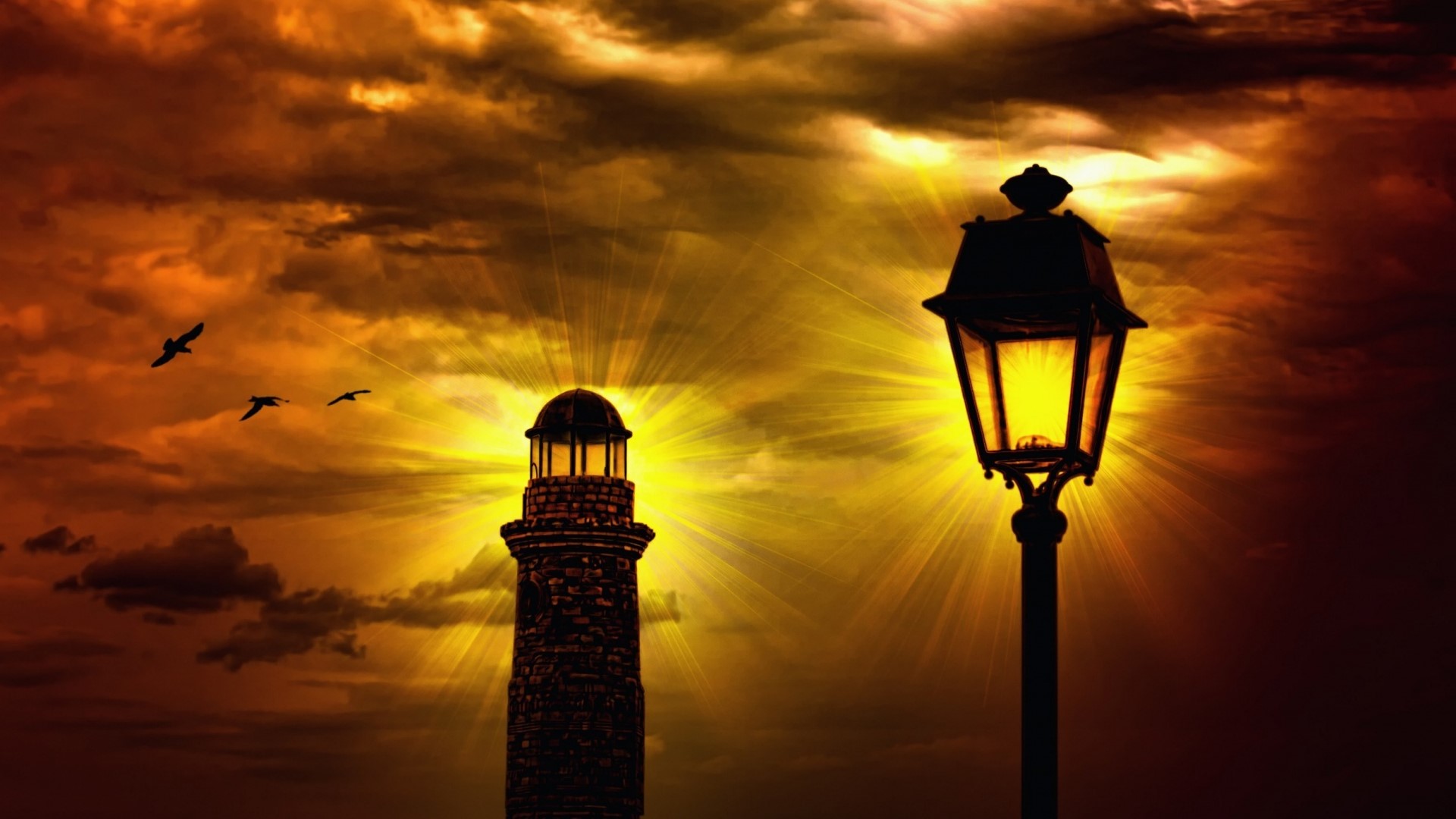 Lighthouse and street lamp with birds at sunset HD Wallpaper