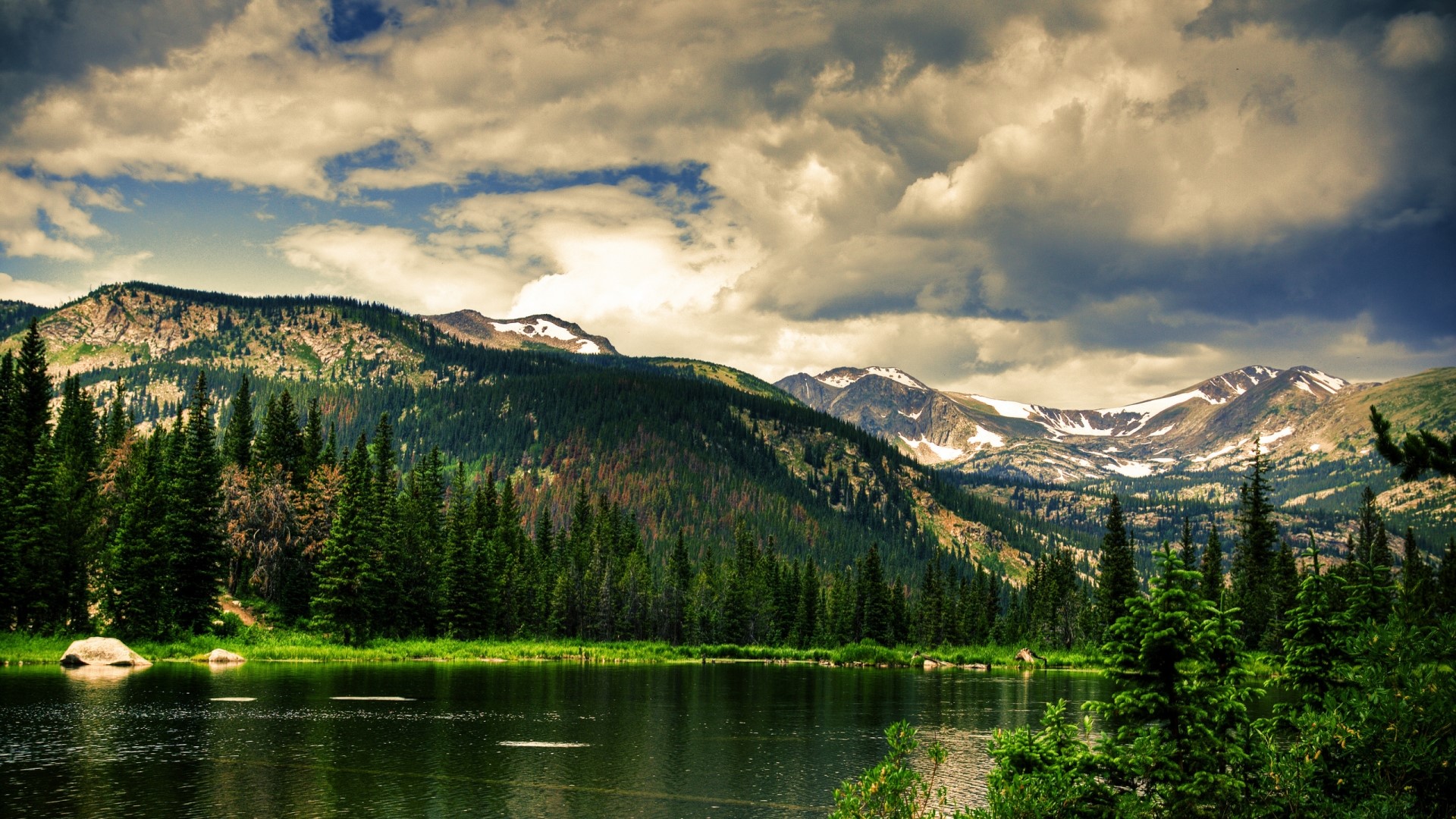 Lake and Mountains with Pine Forest HD Wallpaper