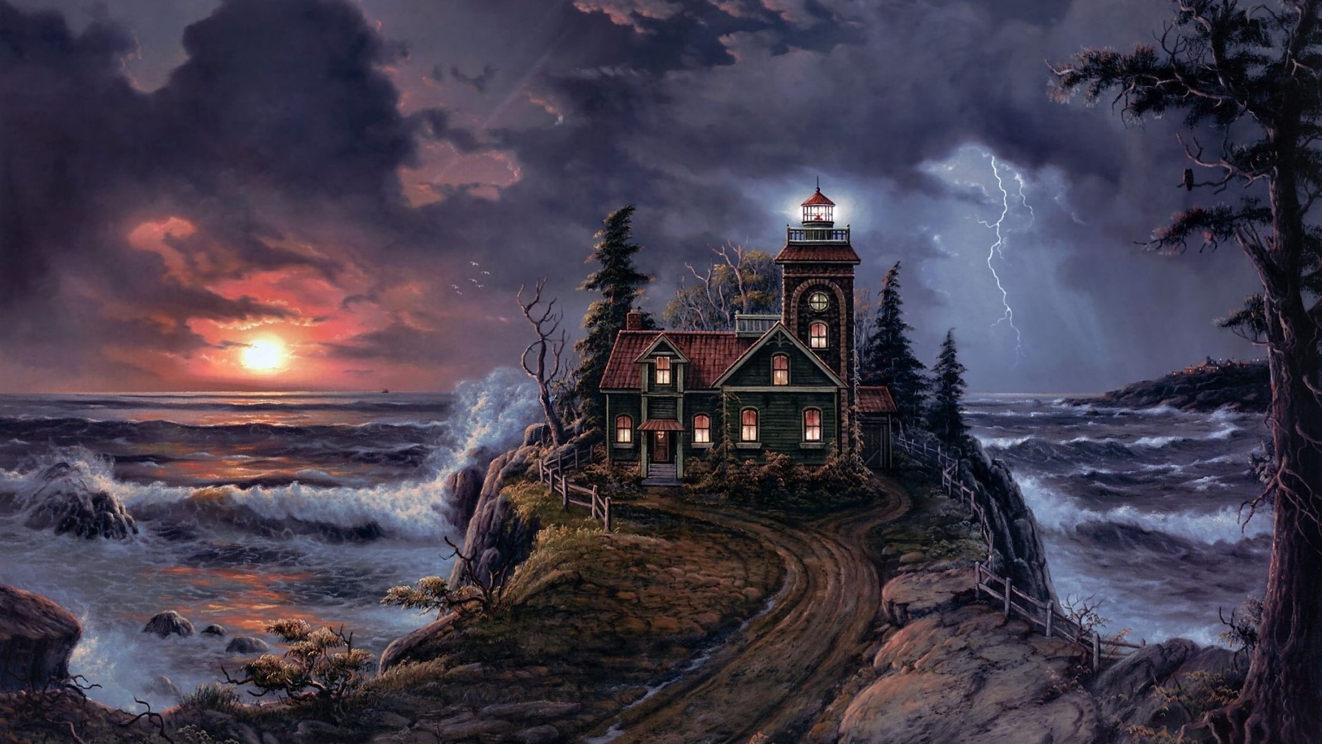 Lighthouse on a cliff during a storm at sunset HD Wallpaper
