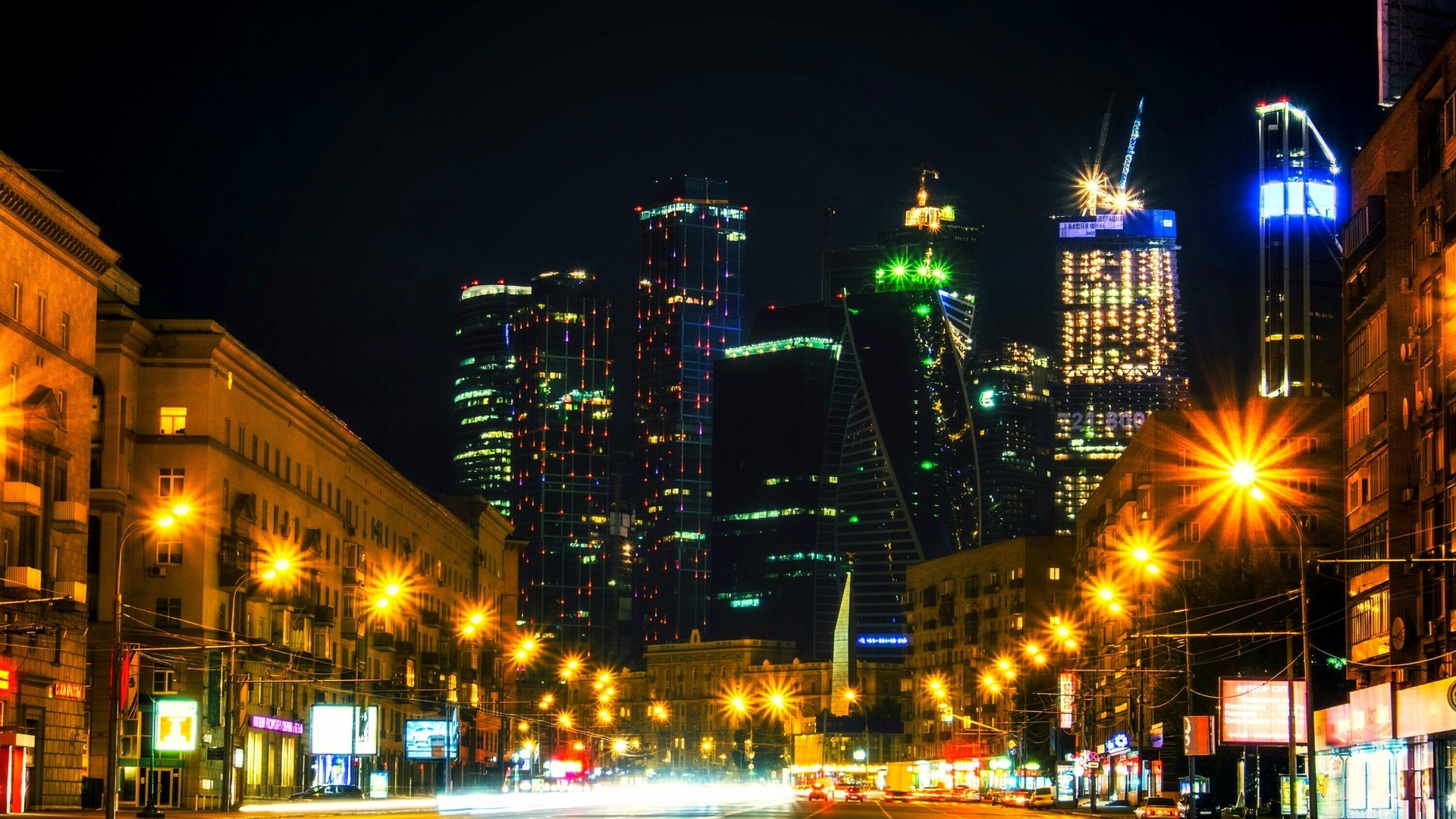 Moscow City skyscrapers at night HD Wallpaper