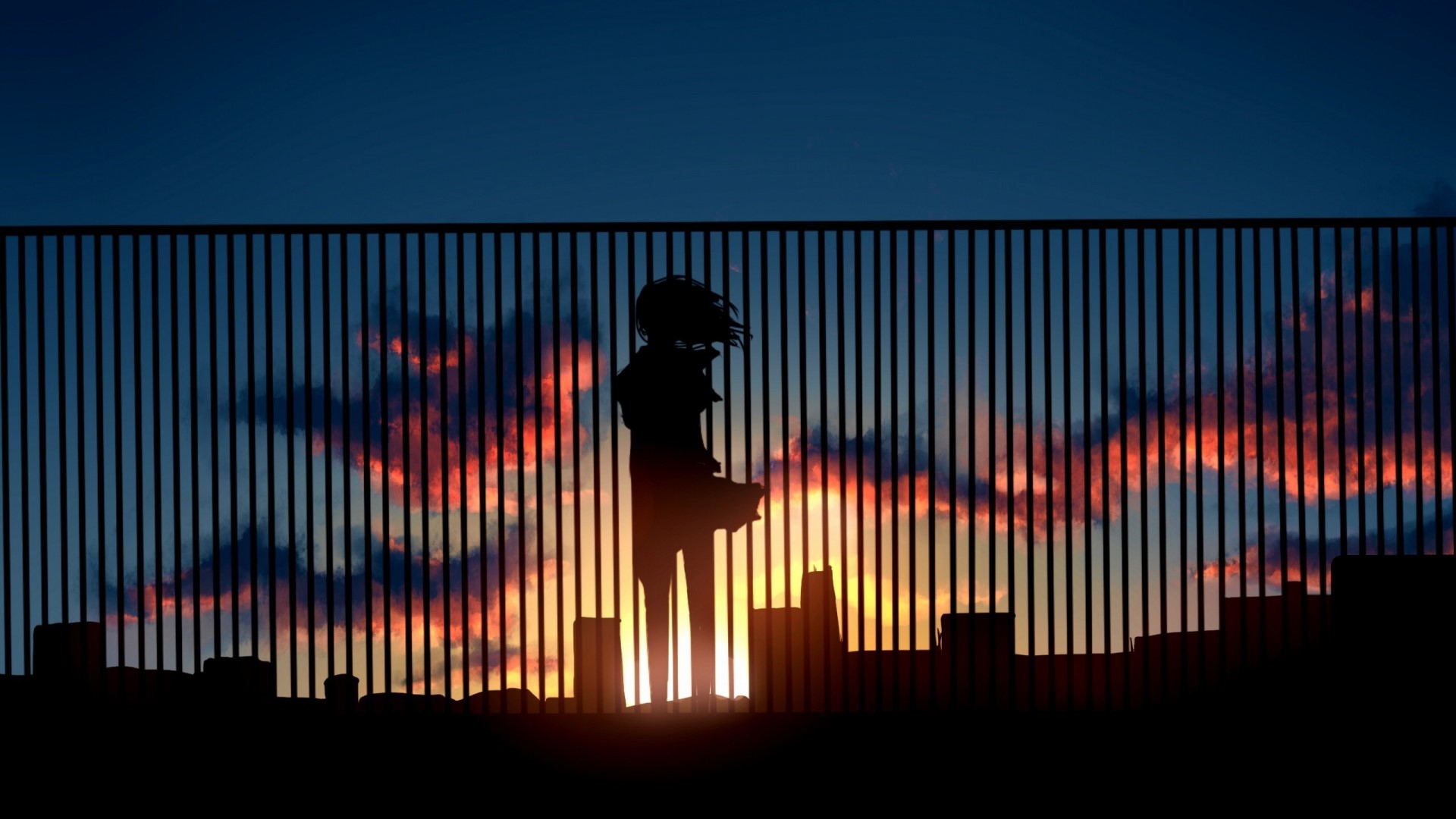 Silhouette of a person standing behind a fence at sunset HD Wallpaper