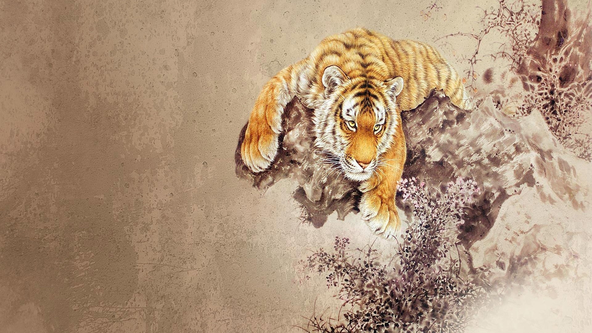 Tiger on a rocky outcrop with floral elements HD Wallpaper