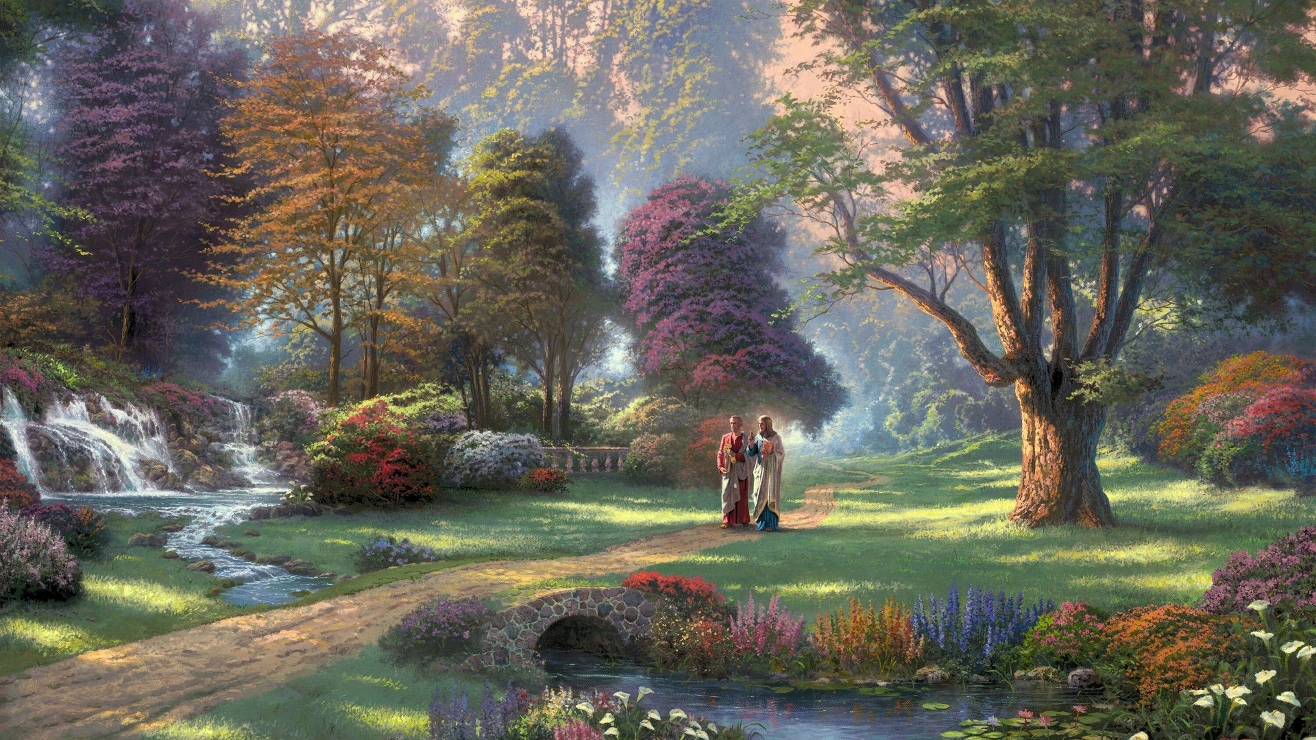 Two figures walk through a garden with a waterfall HD Wallpaper