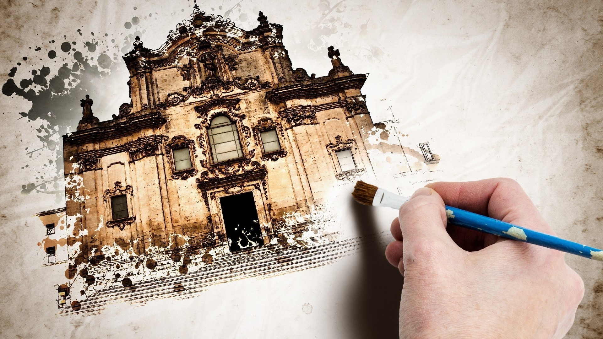 Hand painting a cathedral with a brush HD Wallpaper