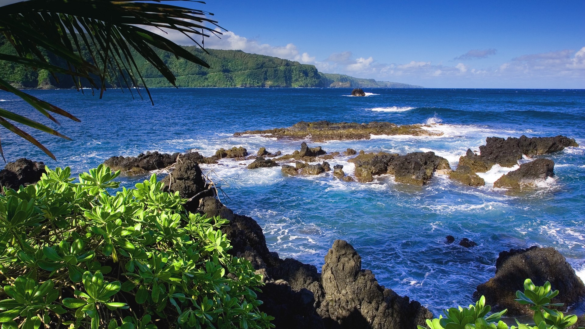 Ocean waves crashing on rocks near Hana Highway, Maui HD Wallpaper