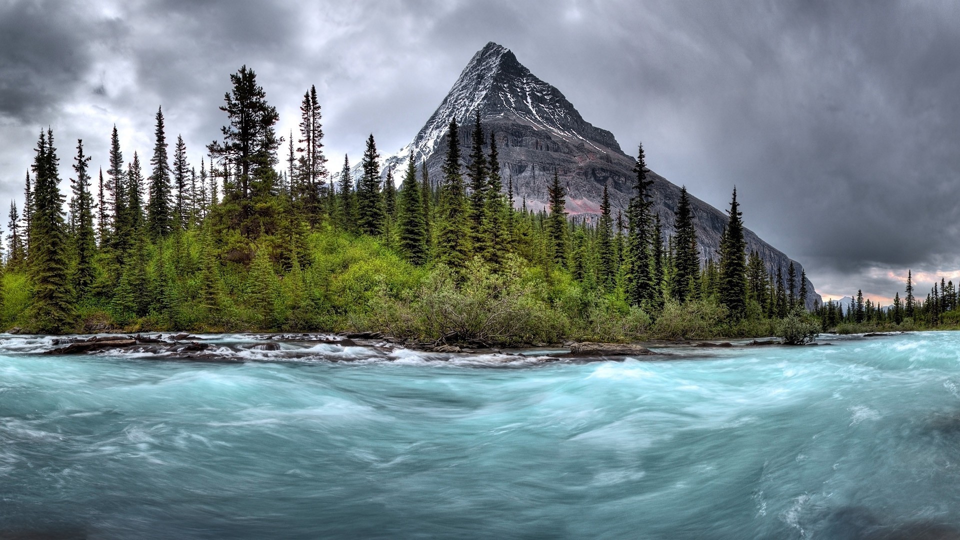 Turquoise river flows past pine forest and mountain in Alberta, Canada HD Wallpaper