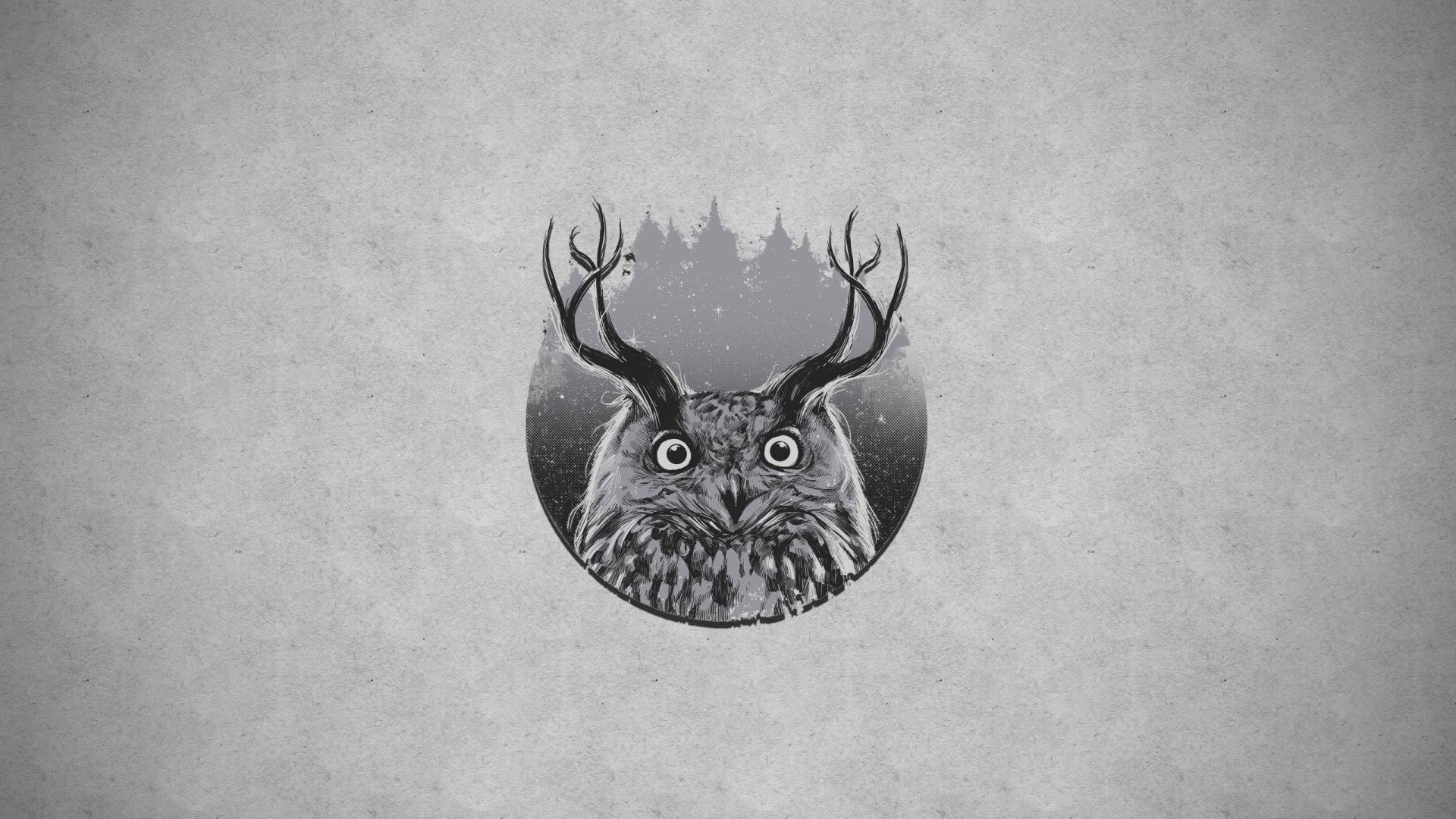 Horned Owl with Antlers and Forest Background HD Wallpaper