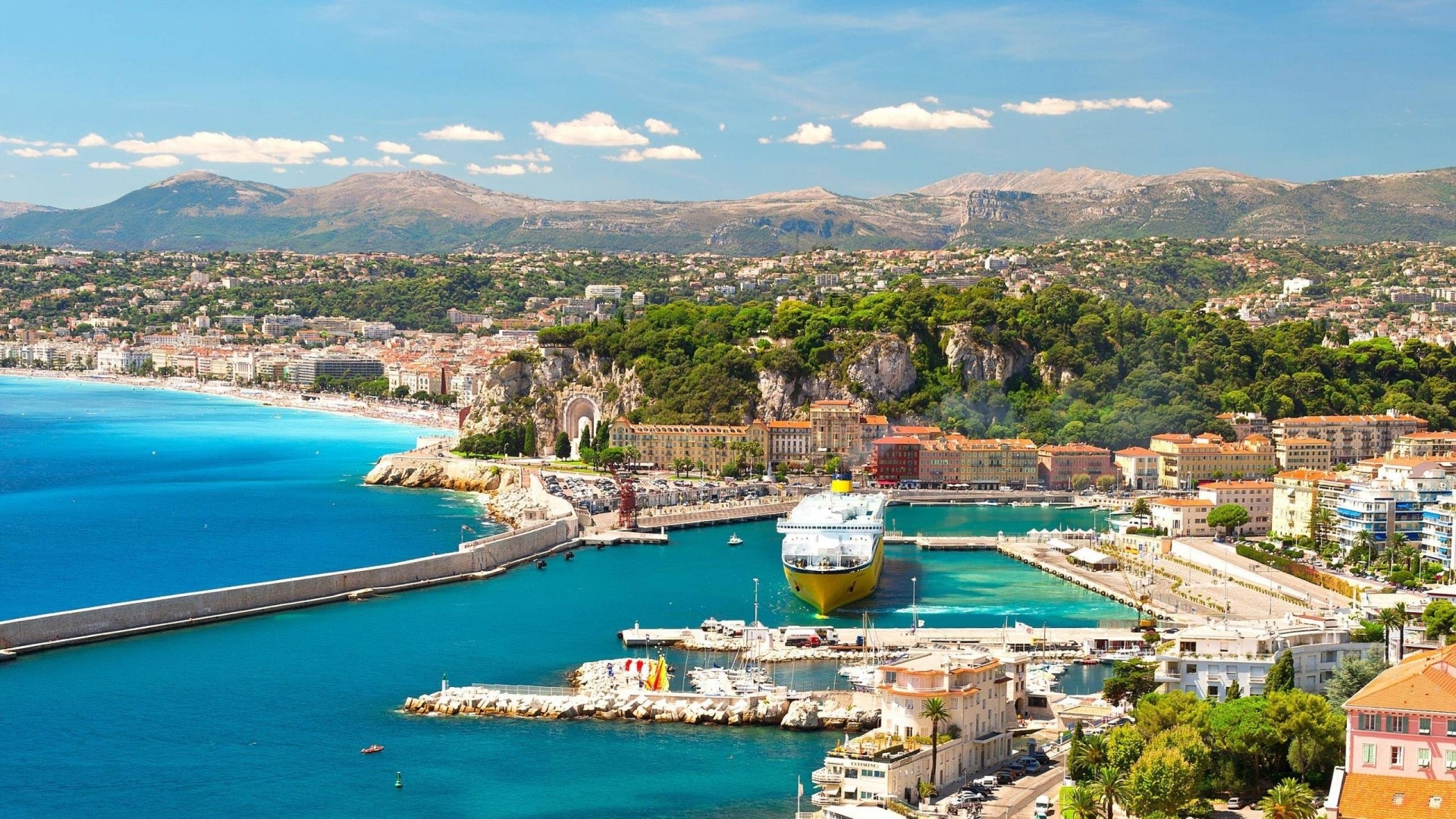 Port of Nice with Ferry and Mountains, France HD Wallpaper