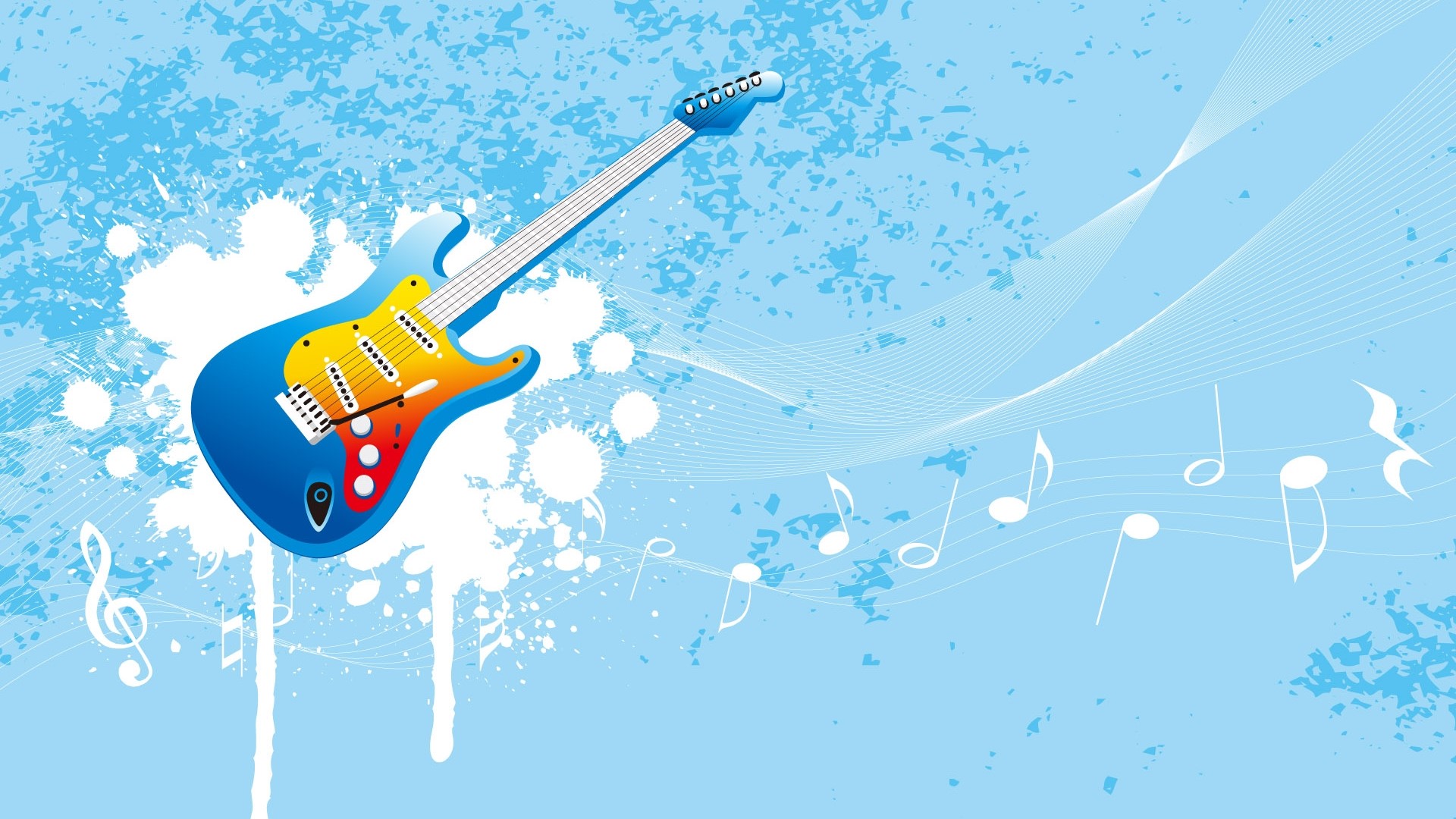 Blue electric guitar with musical notes HD Wallpaper